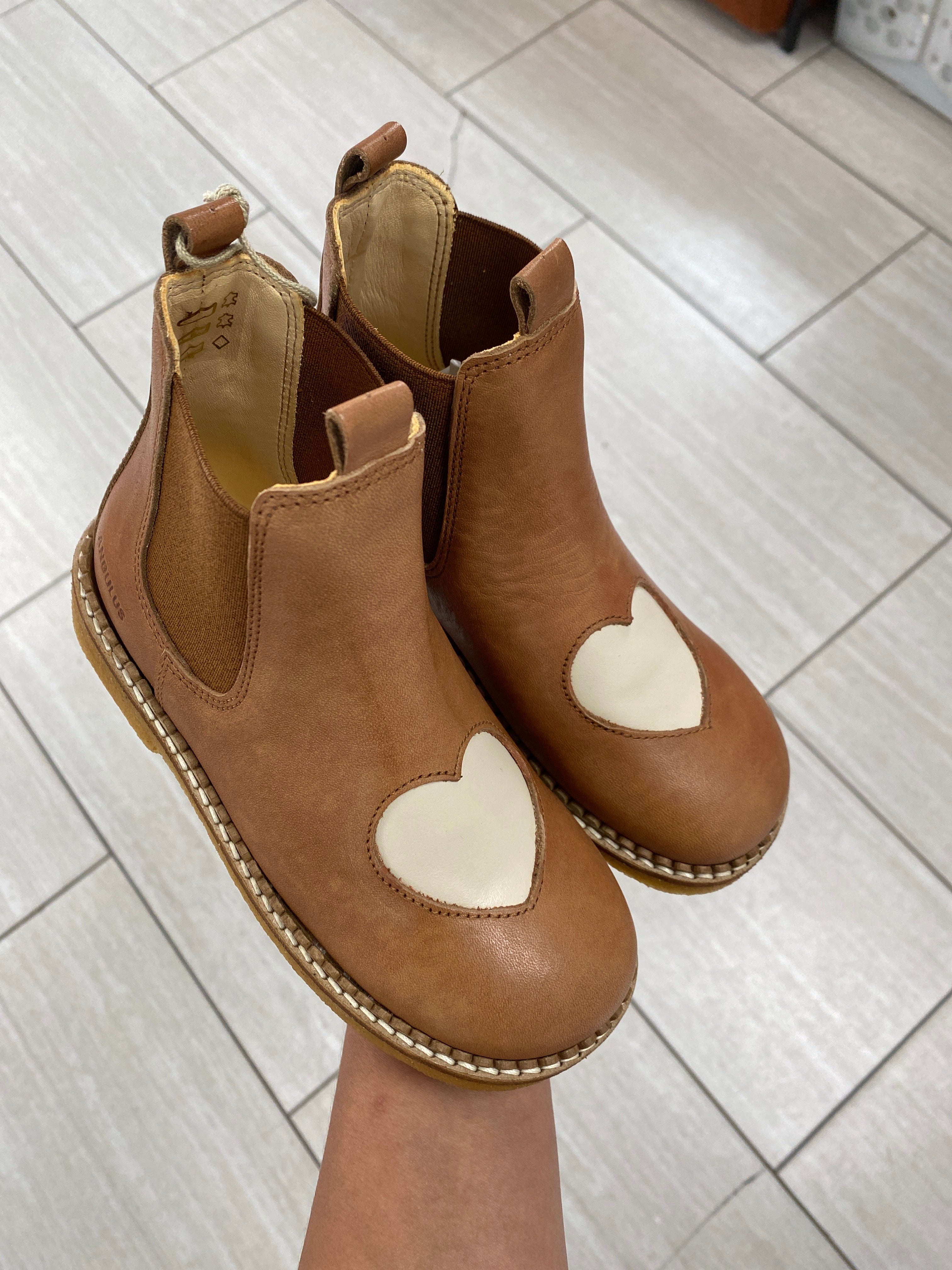 Angulus Tan Heart Boots for Girls - Genuine Leather Mary Jane Shoes with Heart Detail - Perfect for School, Parties & Special Occasions