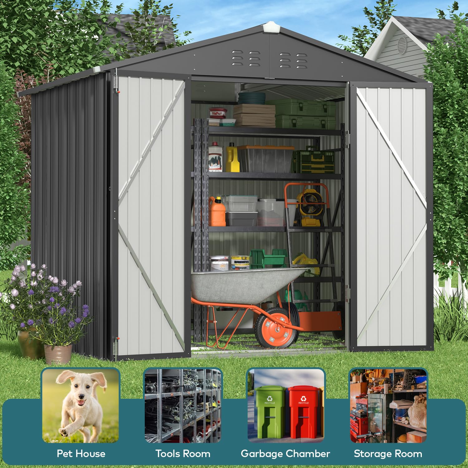Gizoon 8x6 FT Galvanized Metal Outdoor Storage Shed - Double Lockable Doors, Weatherproof Garden Shed for Backyard, Patio & Lawn Organization (Dark Grey) | Perfect for Storing Tools, Equipment & Seasonal Items