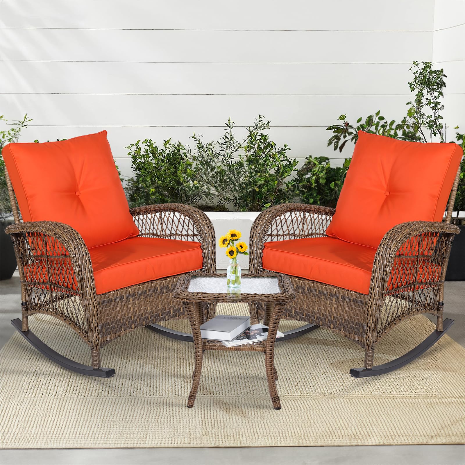 MEETWARM 3-Piece Outdoor Wicker Rocking Chair Set with Cushions & Glass-Top Coffee Table - Rattan Patio Conversation Bistro Set for Porch, Backyard, Garden - Orange | Perfect for Relaxing, Entertaining & Outdoor Lounging