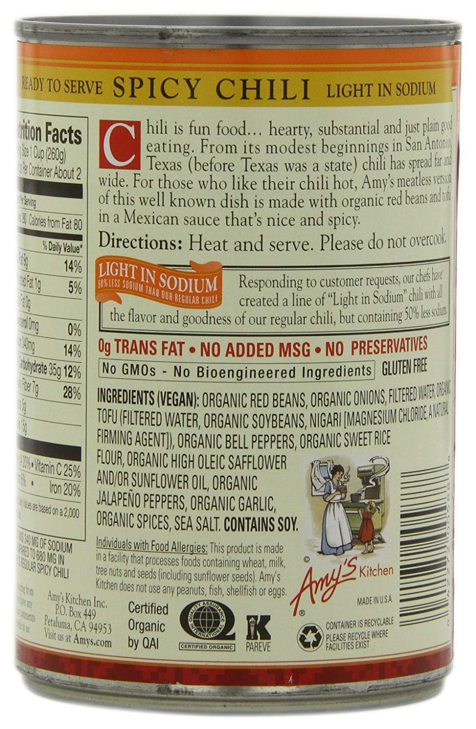 Amy's Organic Vegan Spicy Chili - Low Sodium, Gluten Free, Made with Red Beans & Tofu - 14.7 Oz (12 Pack) - Perfect for Camping, Quick Lunches & Emergency Food Storage