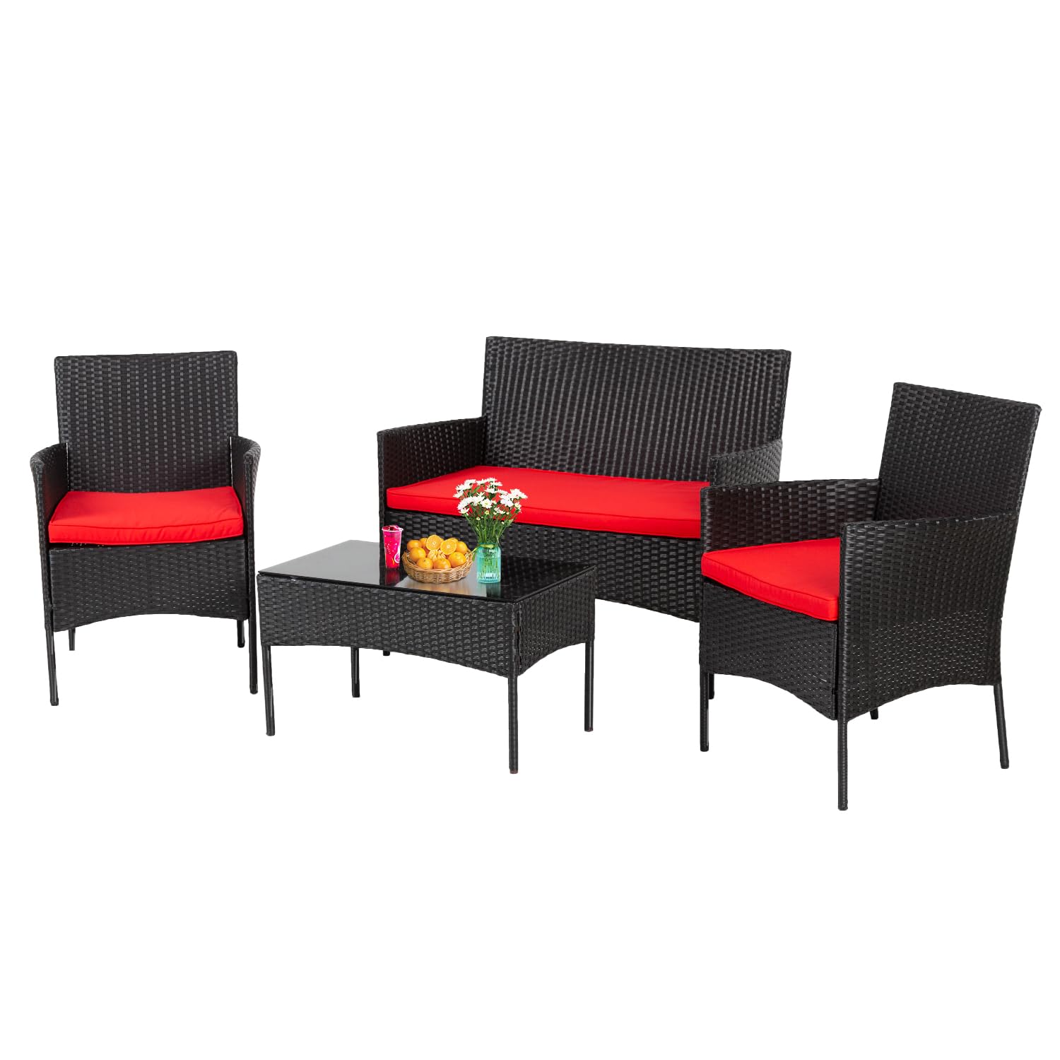 **PayLessHere 4-Piece Outdoor Patio Furniture Set - Water-Resistant Rattan Chairs & Tempered Glass Table with Cushions - Perfect for Patio, Balcony, Poolside & Garden (Red)**