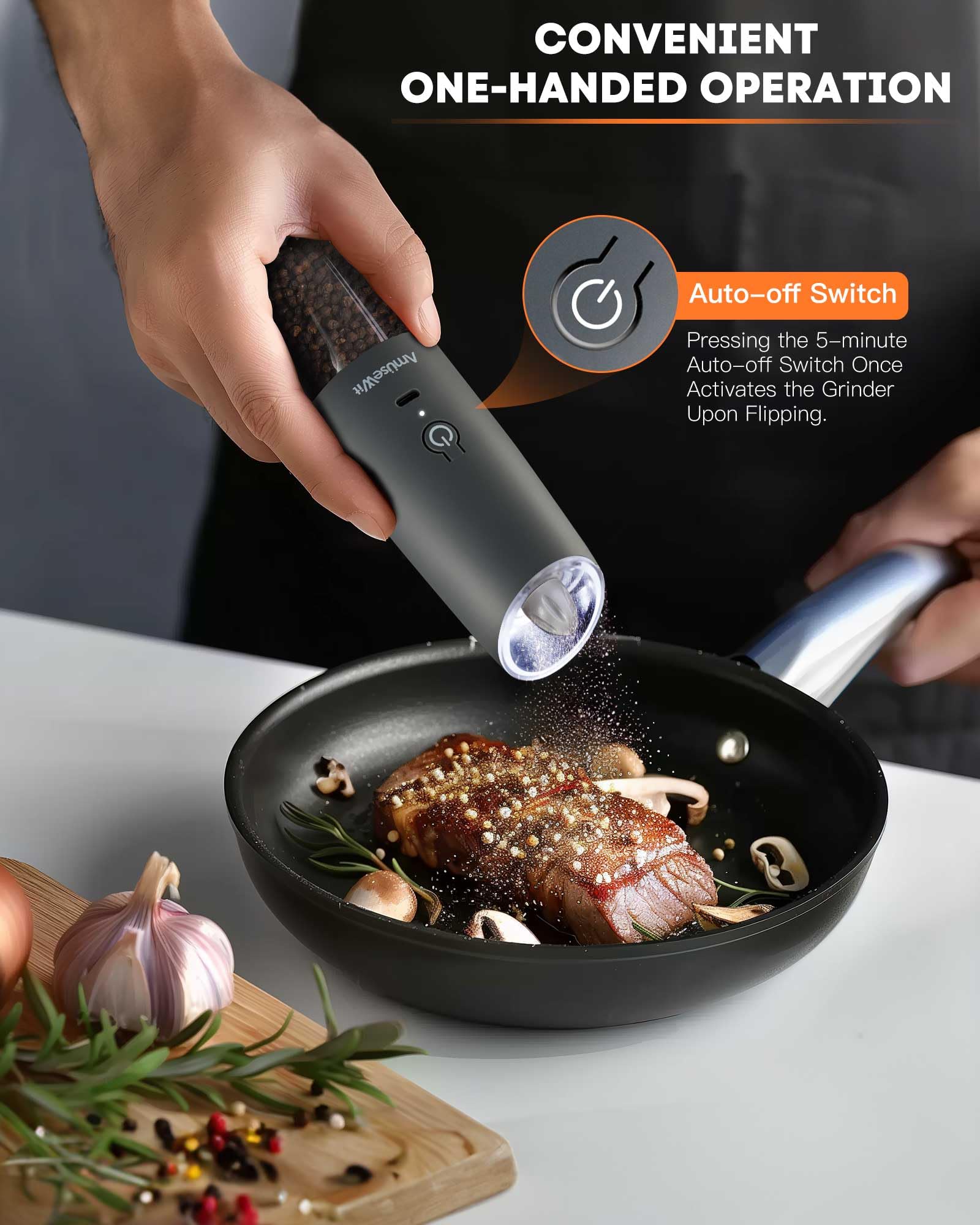 AmuseWit USB Rechargeable Electric Salt and Pepper Grinder Set - Adjustable Coarseness, One-Handed Operation, Cool Gray & White Light - Perfect for Kitchen, Dining Table, Camping, and Gifts