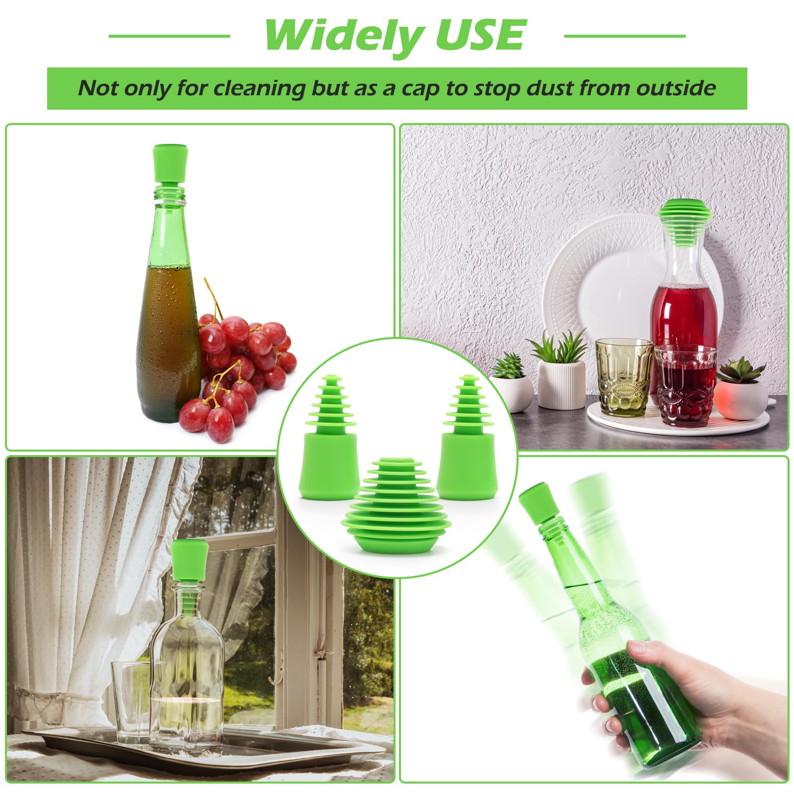 Silicone Cleaning Plugs & Brushes Set for Glass Pipes - 3 Stoppers & 8 Brushes (Green) - Perfect for Cleaning & Storing Water Pipes