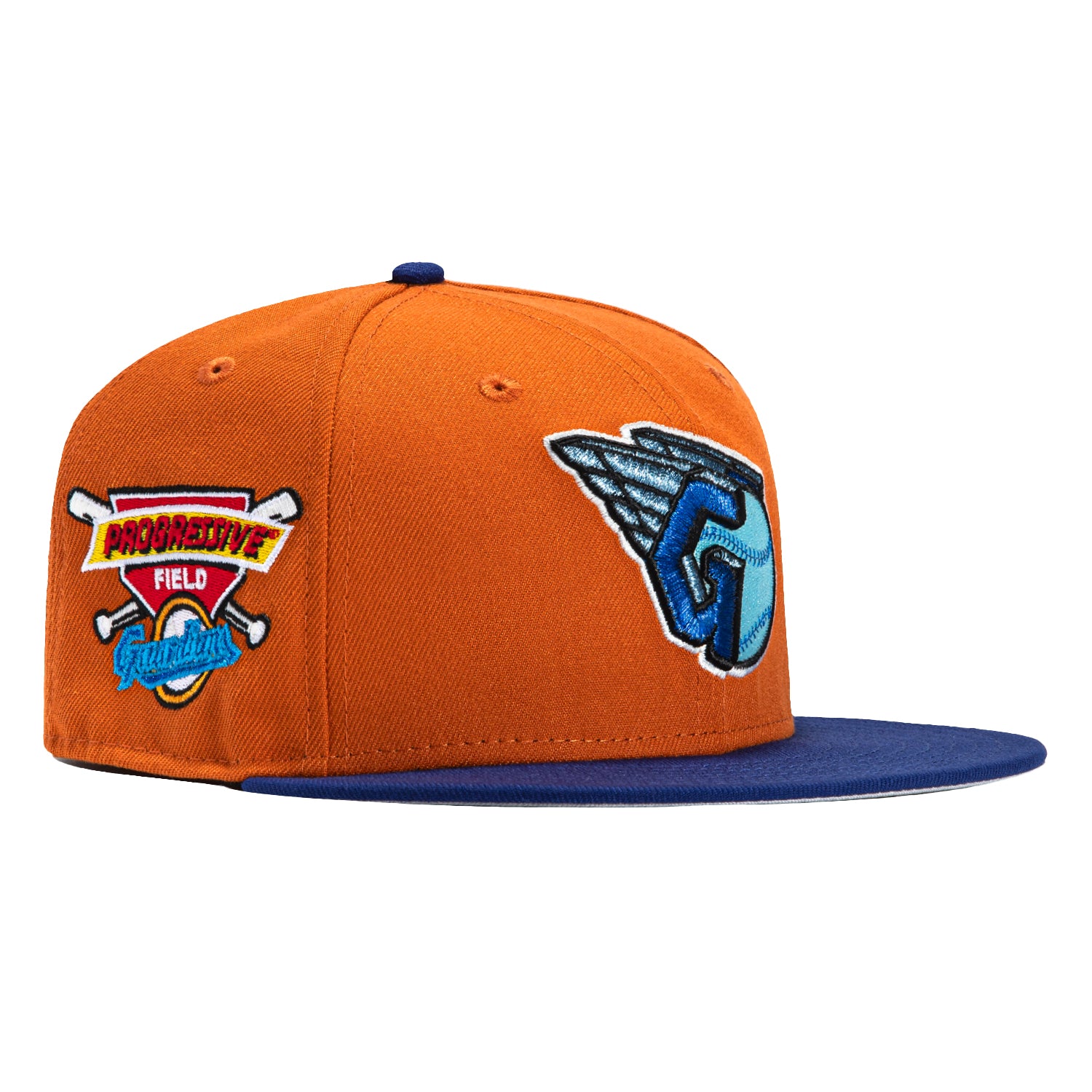 New Era 59Fifty MLB Cleveland Guardians Baseball Cap with Progressive Field Patch - Burnt Orange & Royal Blue - Adjustable Snapback Hat for Baseball Fans, Sports Enthusiasts - Perfect for Games, Tailgating, and Casual Wear