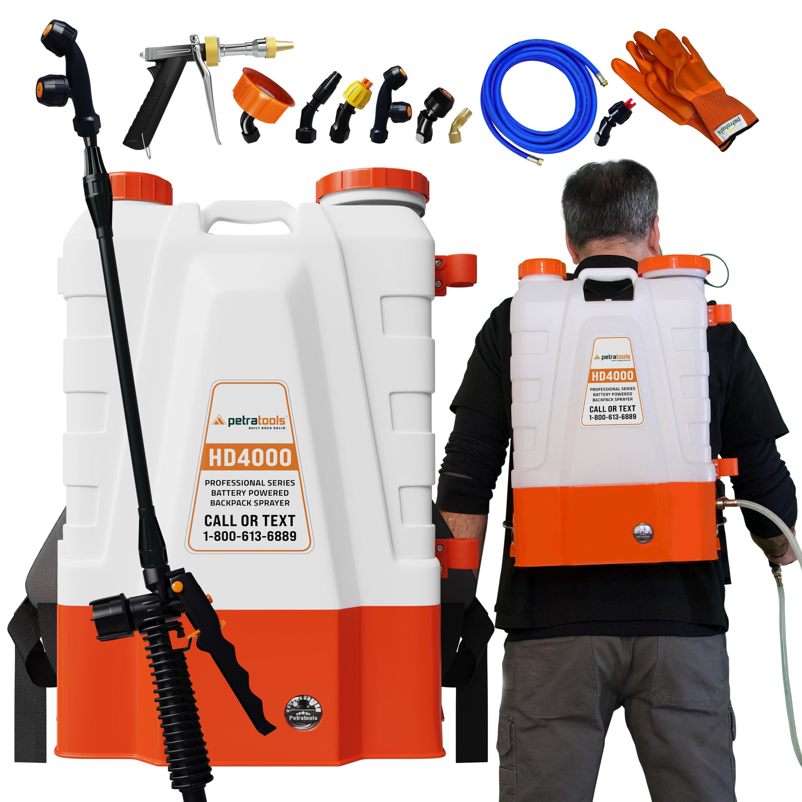 PetraTools 4 Gallon Battery Powered Backpack Sprayer - 6 Hours Long Battery Life, Comfortable Padded Straps, 90PSI Pump & 8 Spray Nozzles - HD4000 Electric Garden Sprayer (HD4000 ProKit) - Perfect for Lawn Care, Pest Control, Fertilizing & Weed Killing
