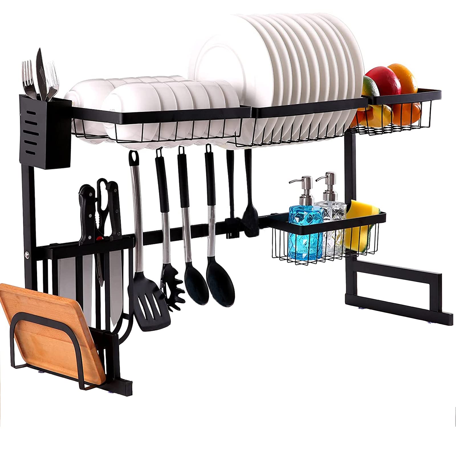 Over The Sink Dish Drying Rack - 2 Tier Large Kitchen Countertop Organizer with 5 Hooks | Space Saving Utensil Holder & Storage Shelf | Fits Sinks ≤32.5 Inches (Black) | Perfect for Small Kitchens, Apartments & Dorm Rooms