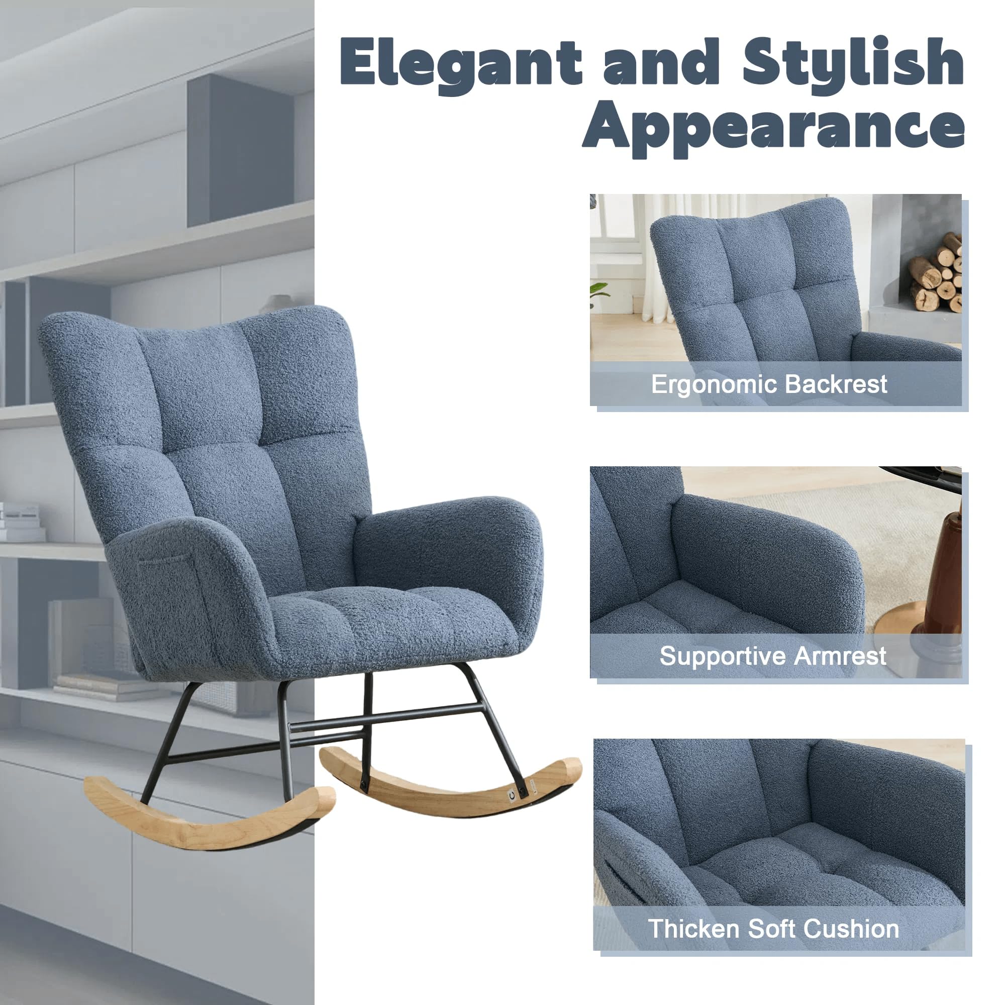 Comfy Blue Teddy Upholstered Glider Rocker - High Backrest Nursery Rocking Chair for Living Room, Bedroom & Office | Modern Accent Armchair with Smooth Gliding Motion | Perfect for Nursing Mothers, Relaxation & Home Decor
