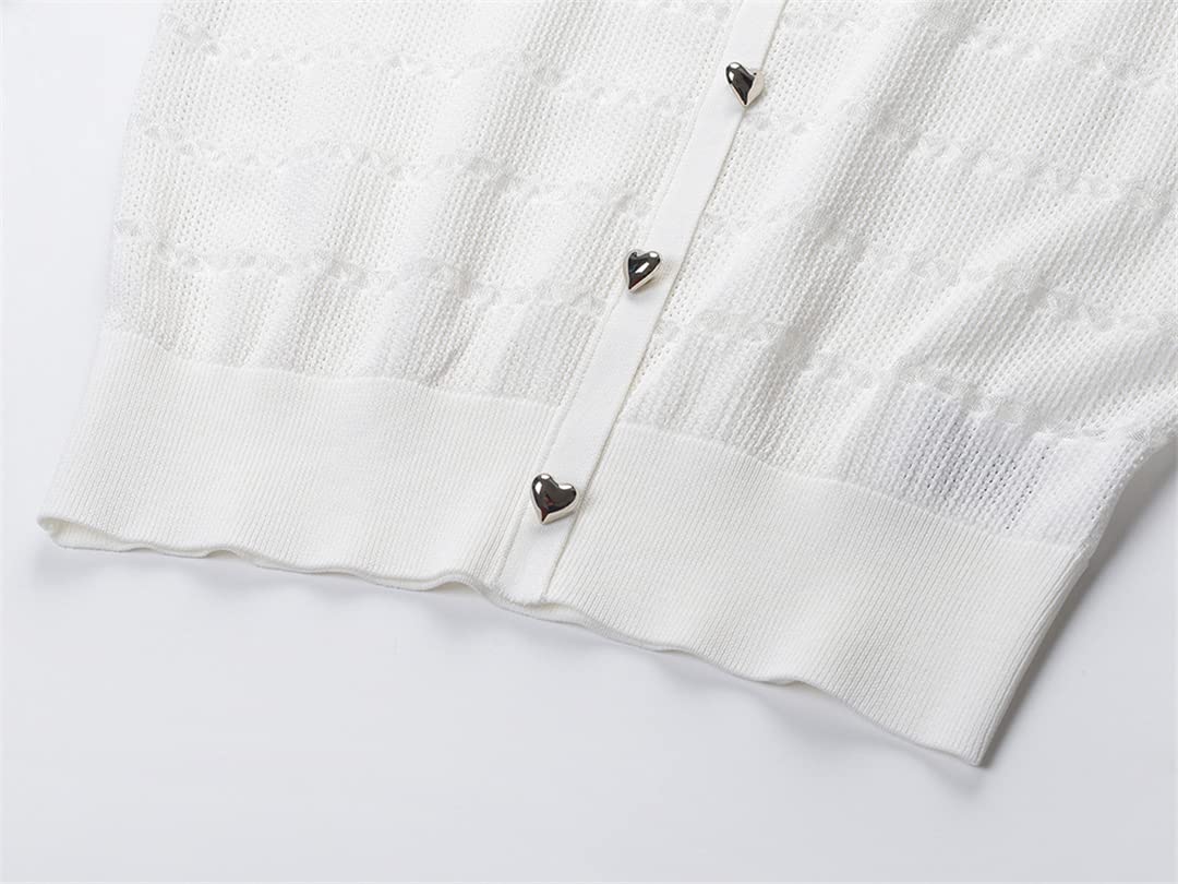 Women's Short Sleeve Knit Cardigan with Heart Buttons - Casual White & Green Knitted Sweater Top for Spring & Summer | Perfect for Office, Dating & Weekend Outfits