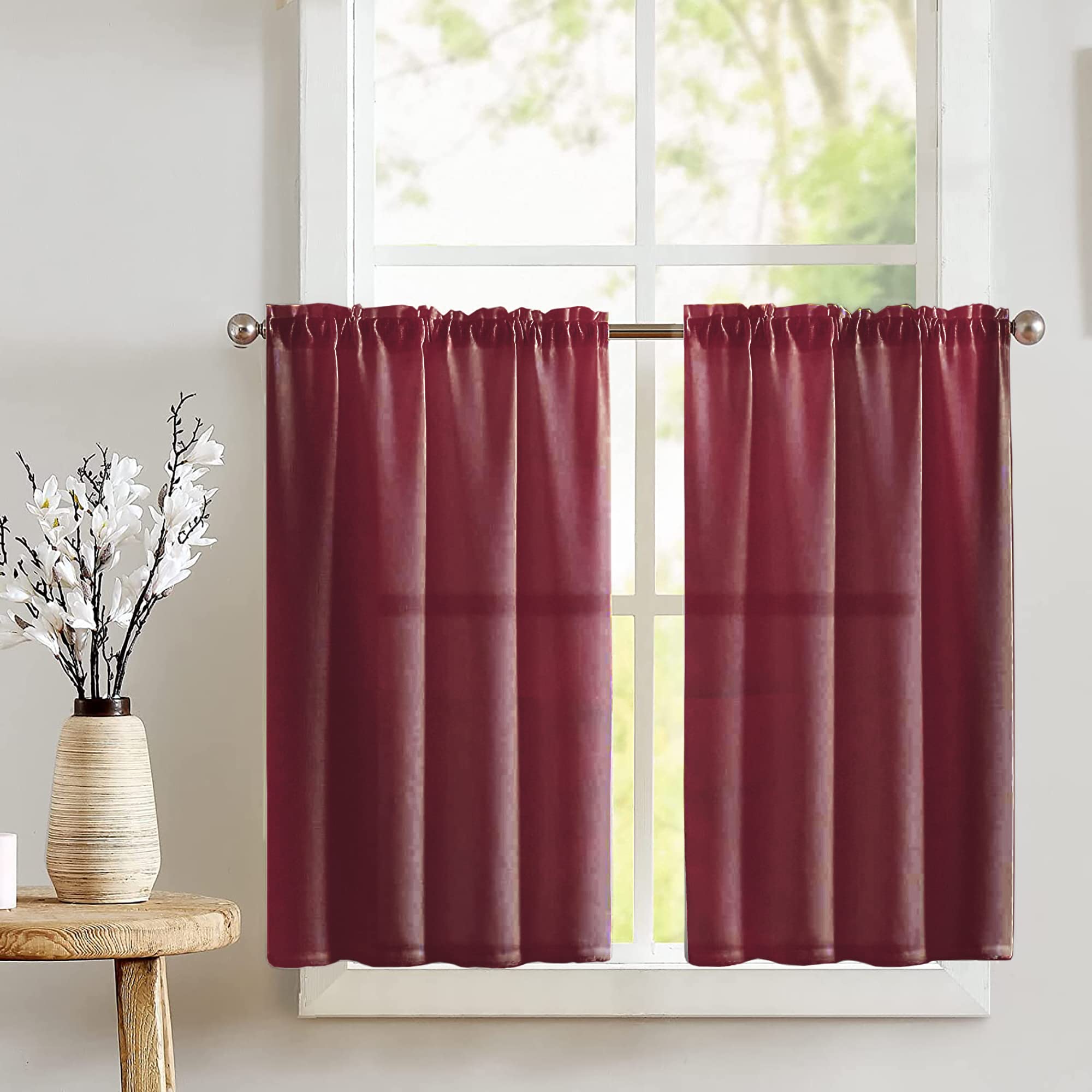 2-Piece Solid Poplin Tier Window Valance Set - Cranberry Red Home Décor for Bedroom, Nursery & Kitchen Windows | Perfect for Farmhouse, Cottage & Traditional Style Decor