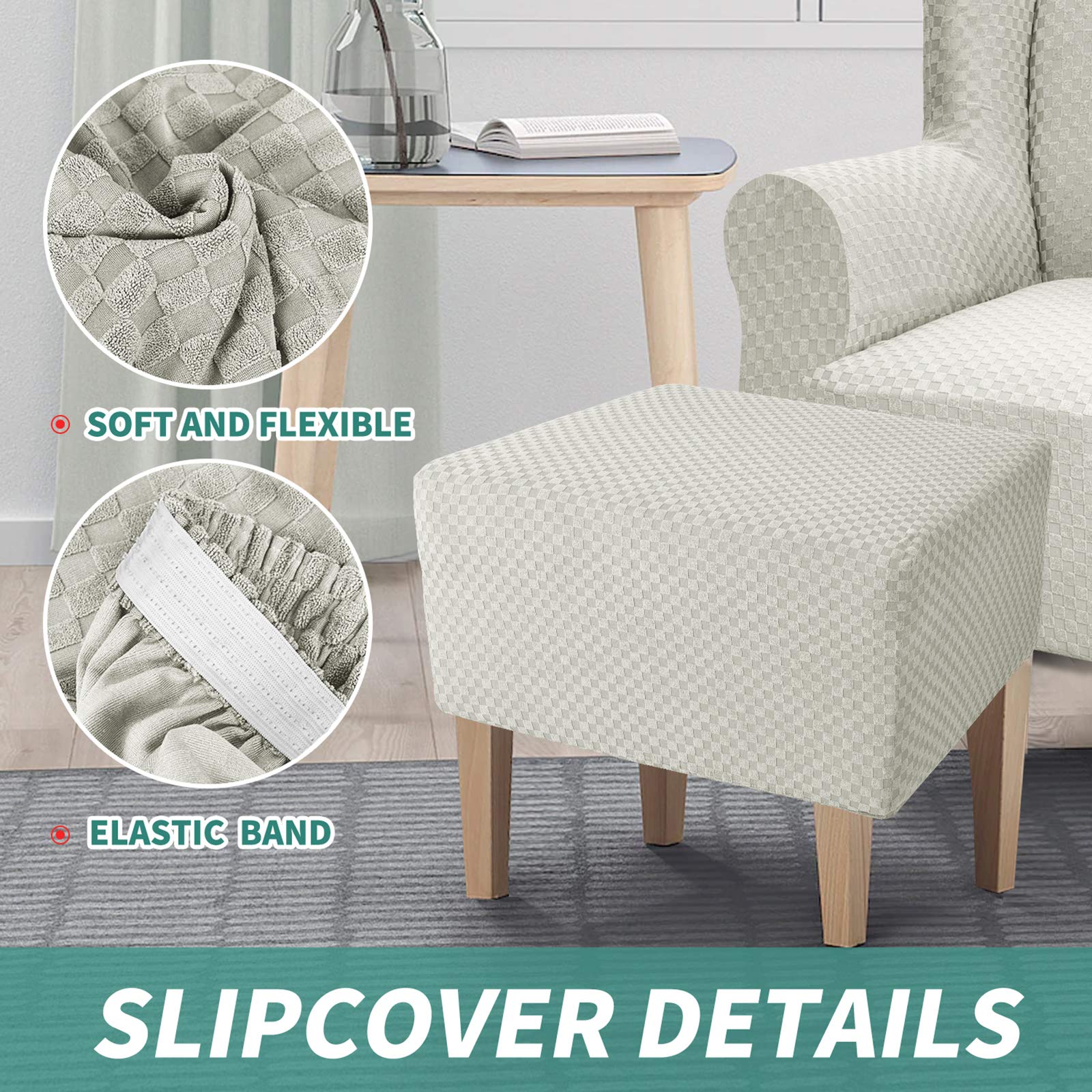 YEMYHOM Jacquard Ottoman Cover - Large Stretchable Slipcover for Storage Footstool, Removable Rectangle Protector in Ivory | Perfect for Living Room, Bedroom & Home Decor