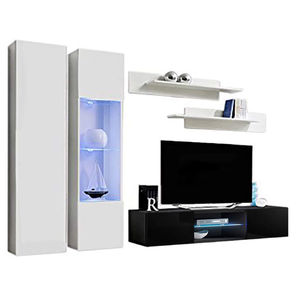 Modern Floating TV Stand with Storage & LED Lights - Wall Mounted Entertainment Center for Bedroom & Living Room - White/Black A5 33TV Console with Shelves - Perfect for Small Spaces & Home Theater Setup