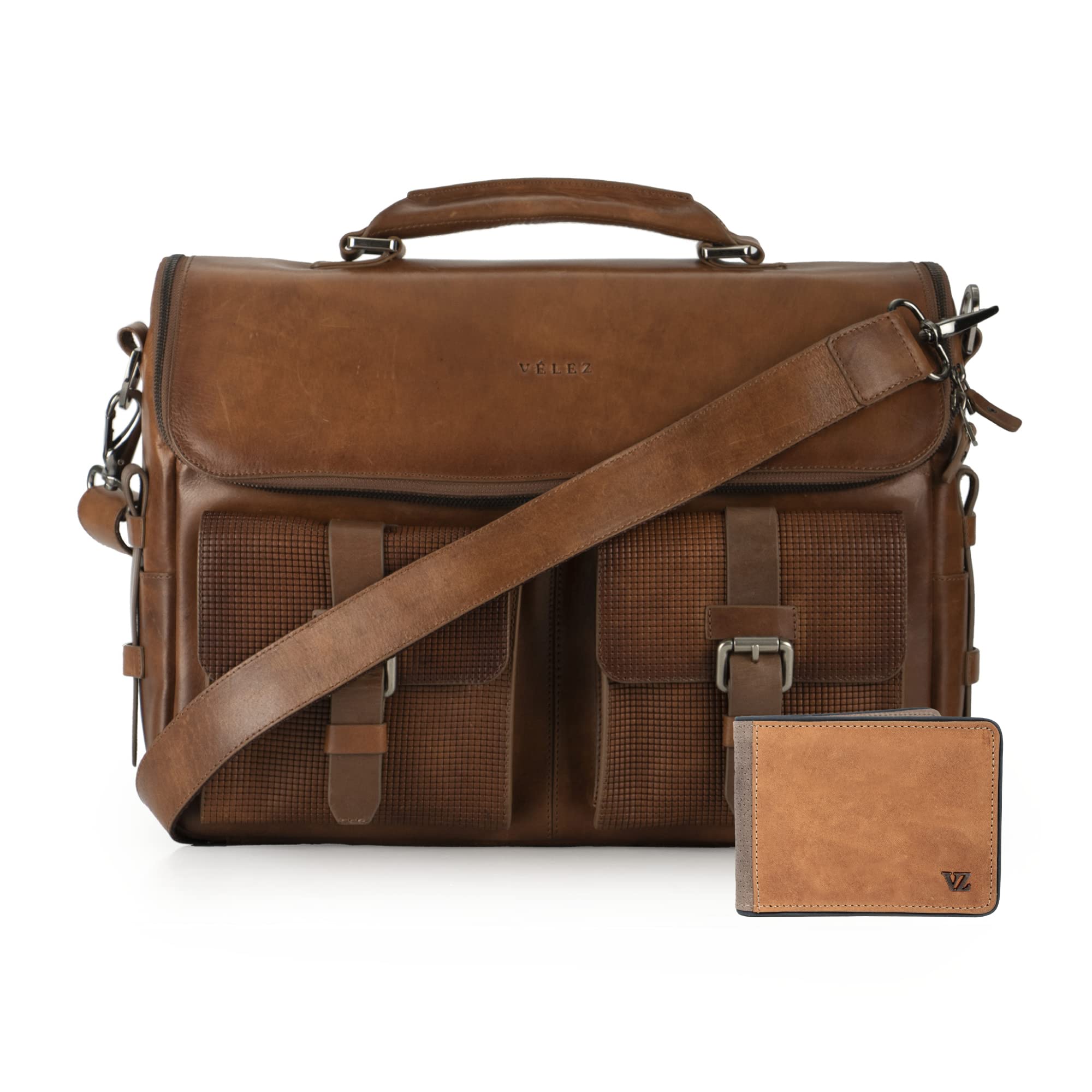 VELEZ Archaeology Tan Messenger Bag for Men & Genuine Leather Bifold Wallet Set - Durable Crossbody Bag with RFID Protection - Perfect for Travel, Work, and Everyday Use