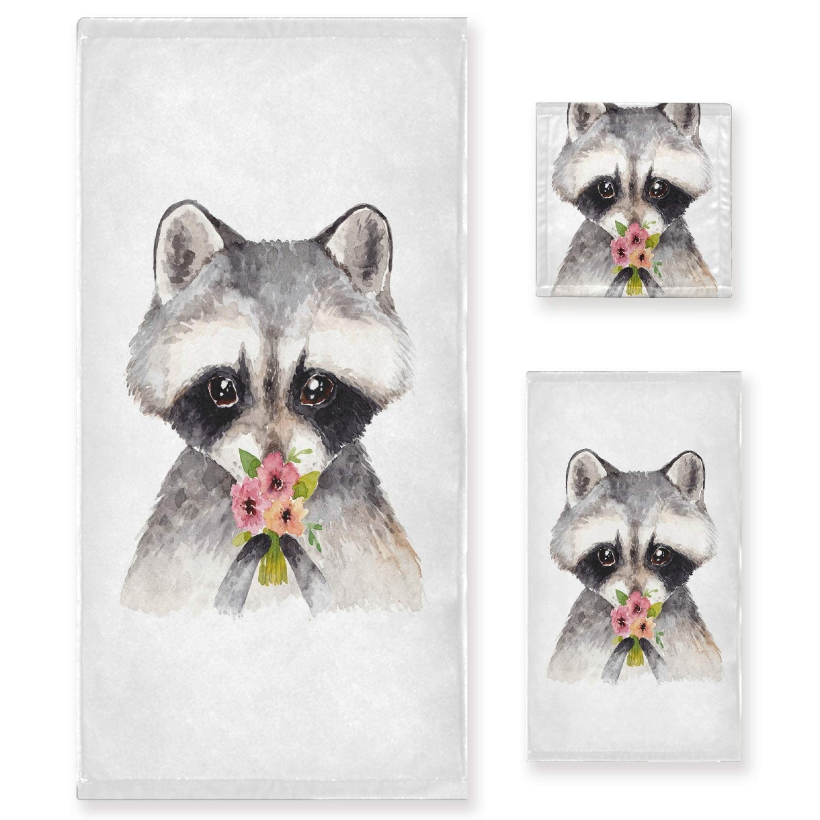 Soft Absorbent Watercolor Raccoon Baby Bath Towel Set - 3 Pieces (Bath Towel, Hand Towel, Washcloth) for Nursery, Spa, Hotel & Beach | Floral Animal Print Baby Shower Gift