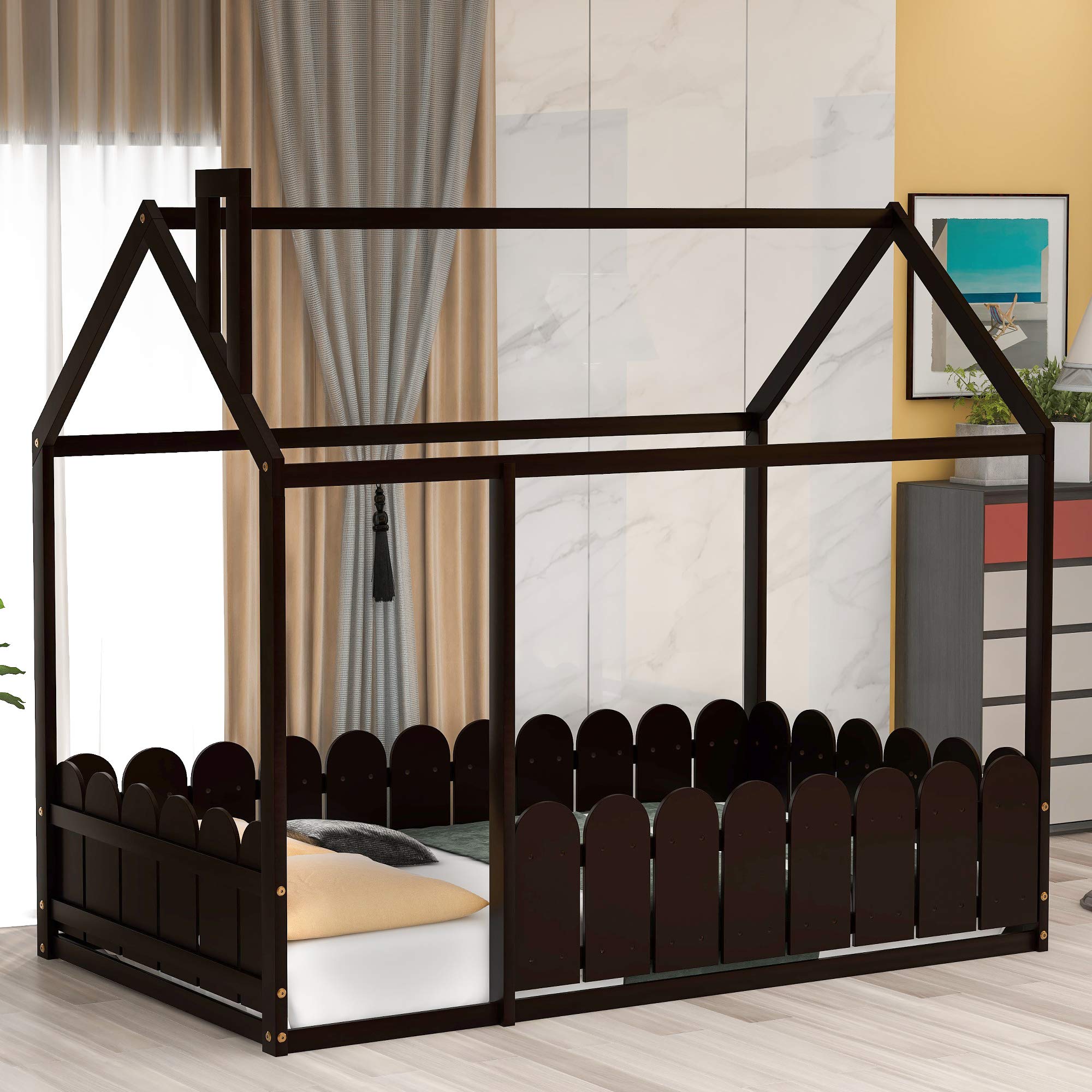 P PURLOVE Twin Size Wooden House Bed Frame - Montessori Floor Bed with Fence & Roof for Kids, Teens, Boys & Girls - Espresso Finish - Perfect for Playrooms, Bedrooms & Montessori Learning Spaces