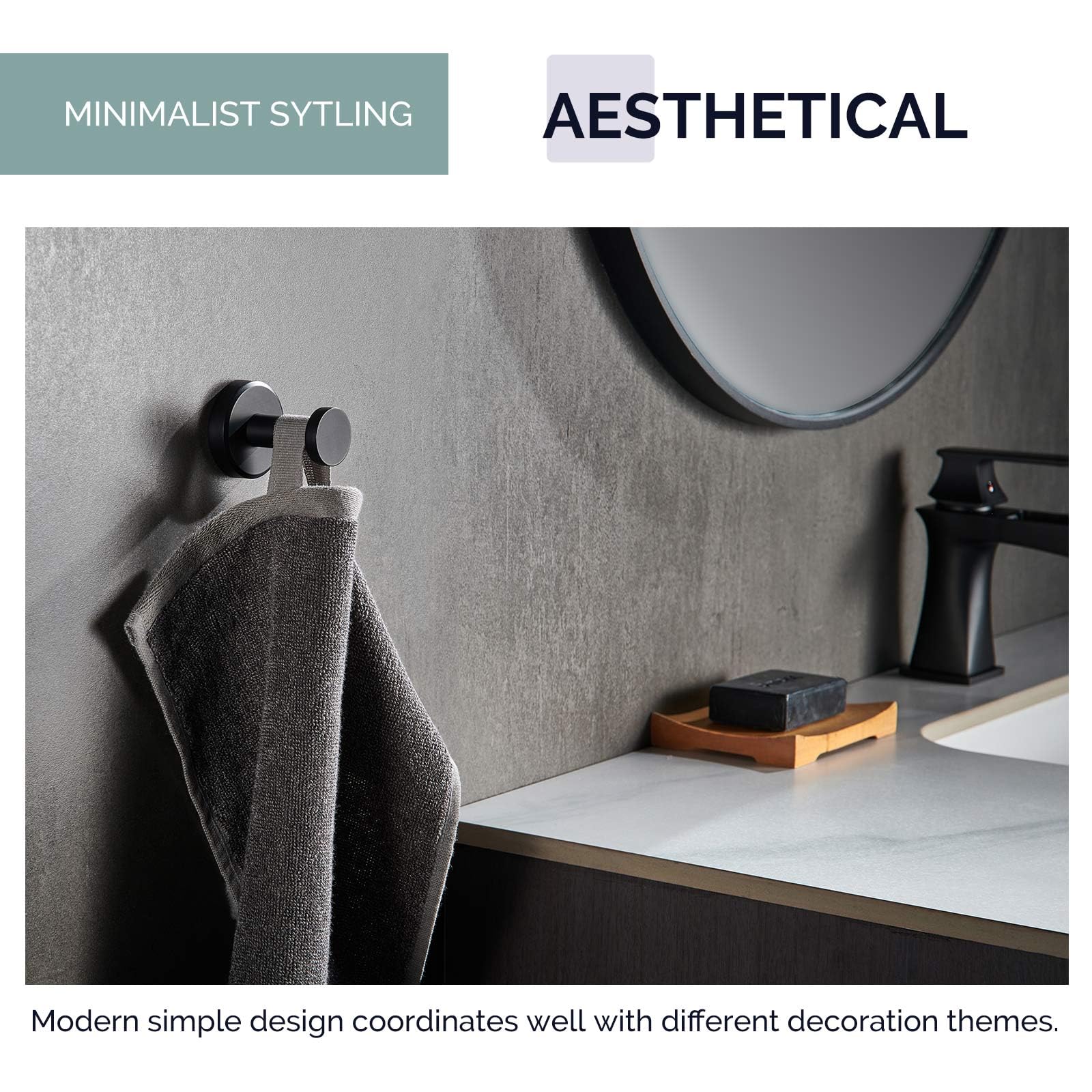 Round Single Towel Hook and Ring Set - Matte Black Bathroom Accessories for Towels, Robes & Hats - Perfect for Bathroom, Kitchen, Laundry Room and Entryway Organization