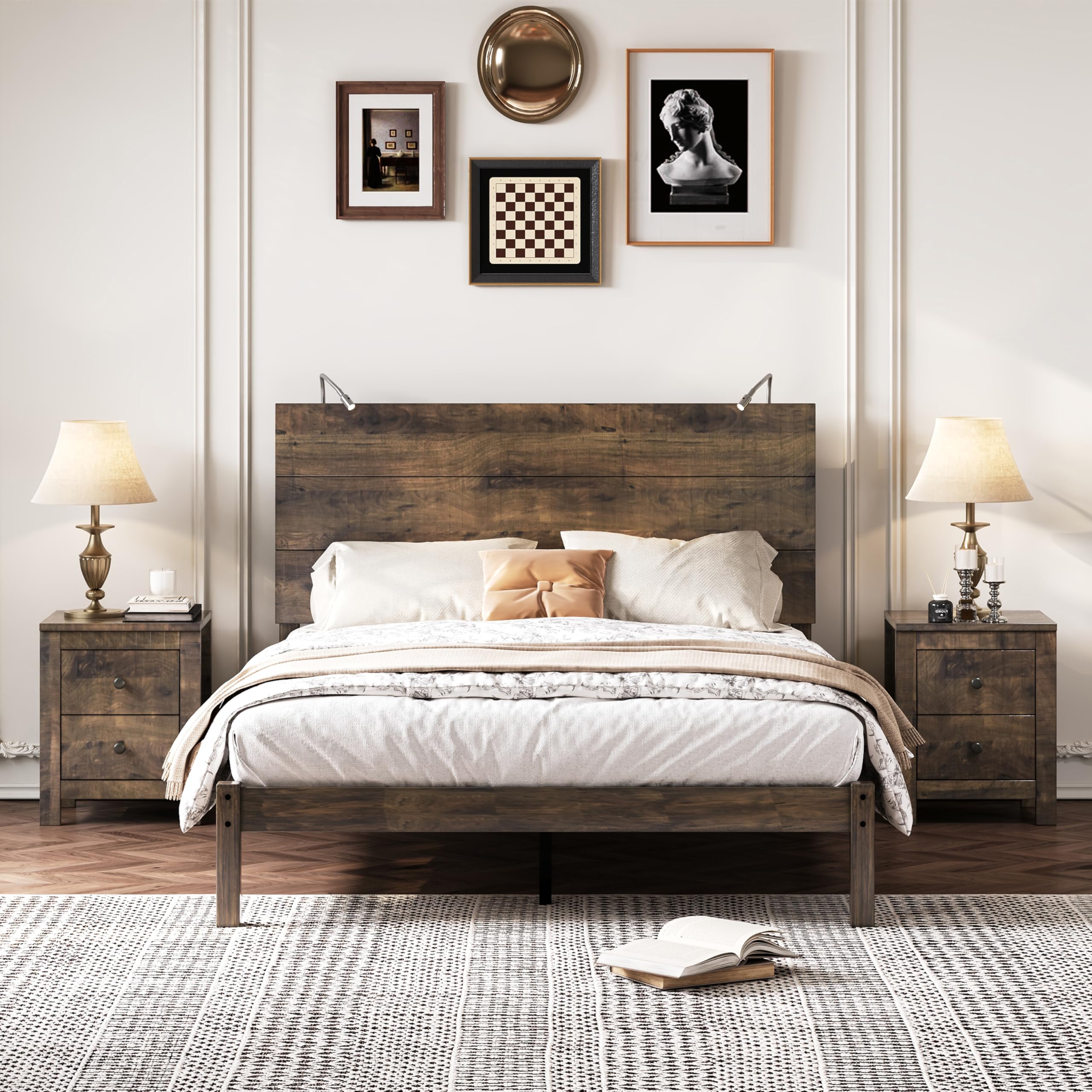 Full Size Wood Platform Bed Set with Nightstands & Lights - Farmhouse Bedroom Furniture for Kids, Teens & Adults - Perfect for Cozy Bedrooms