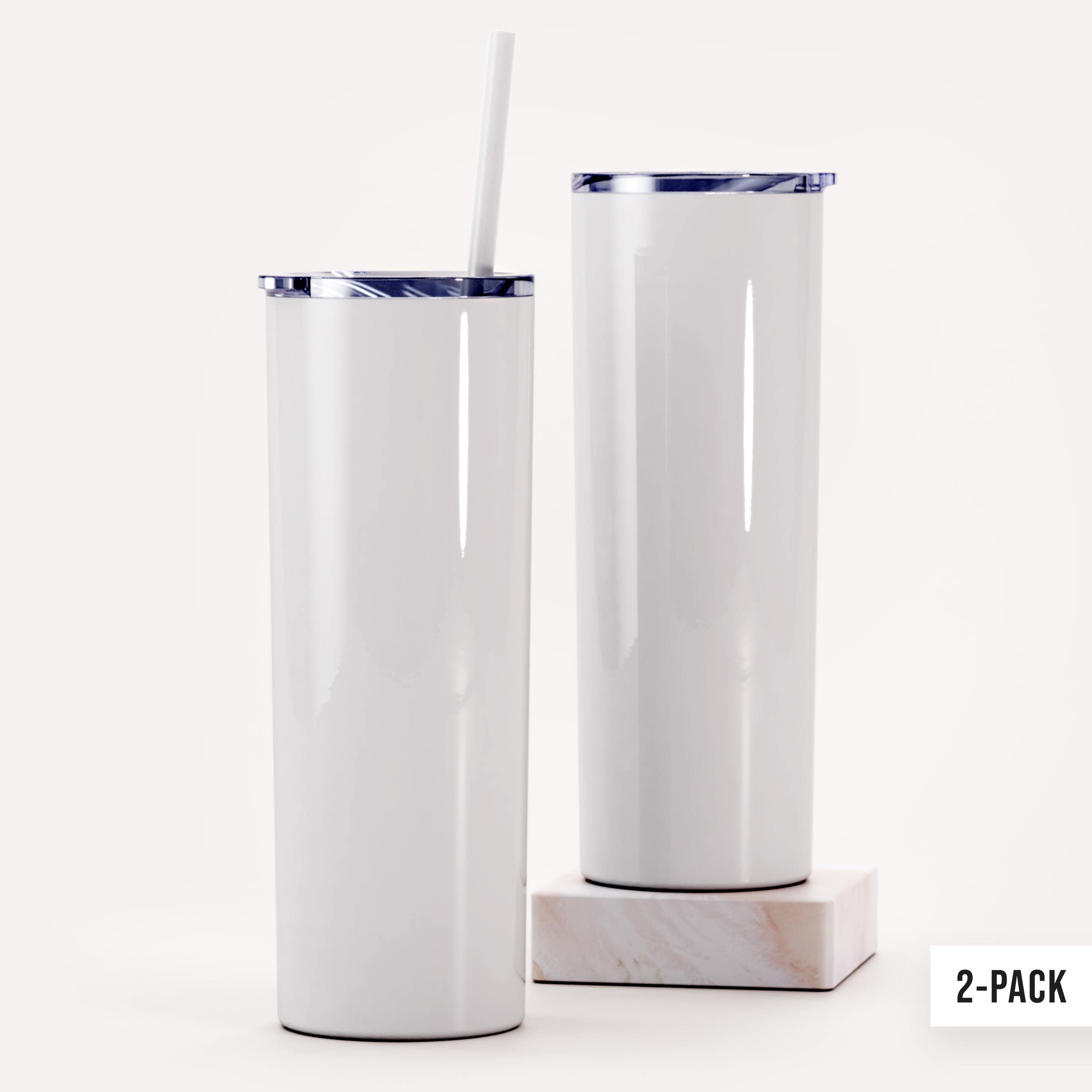 Maars Skinny Steel 20oz Sublimation Tumblers - Polymer Coated Stainless Steel Cups with Lid & Straw, Gloss White (2 Pack) | Custom Gifts, Promotional Events, Outdoor Activities, Gym, Office & Travel