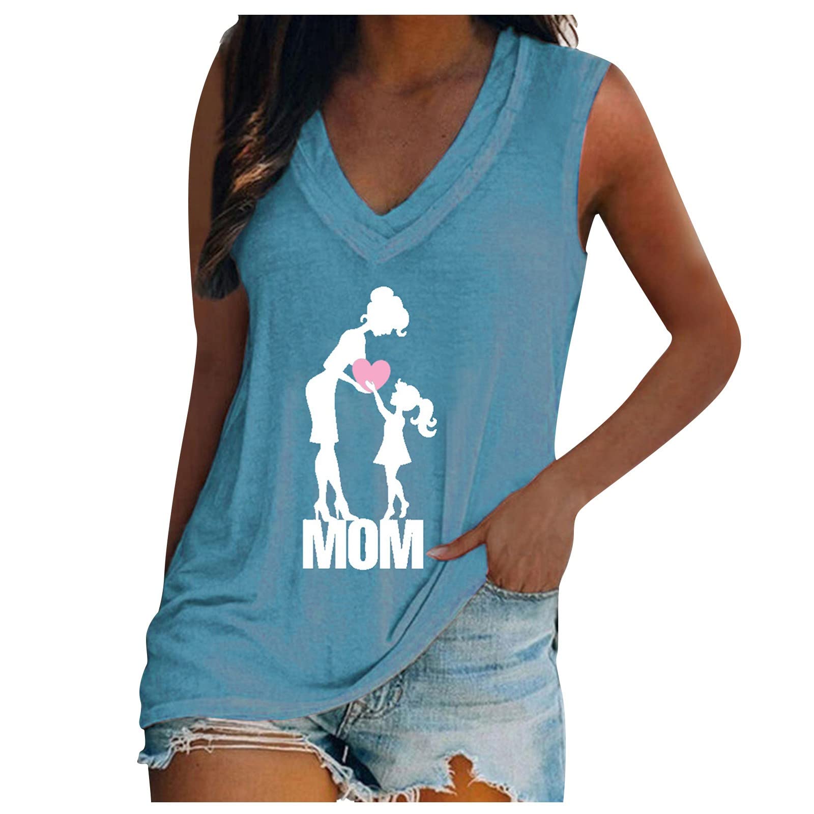 Women's Casual Short Sleeve Tank Top with Mom Heart Print - Comfortable Letter Printed Shirts for Everyday Wear - Perfect for Mother's Day, Family Outings & Summer Activities