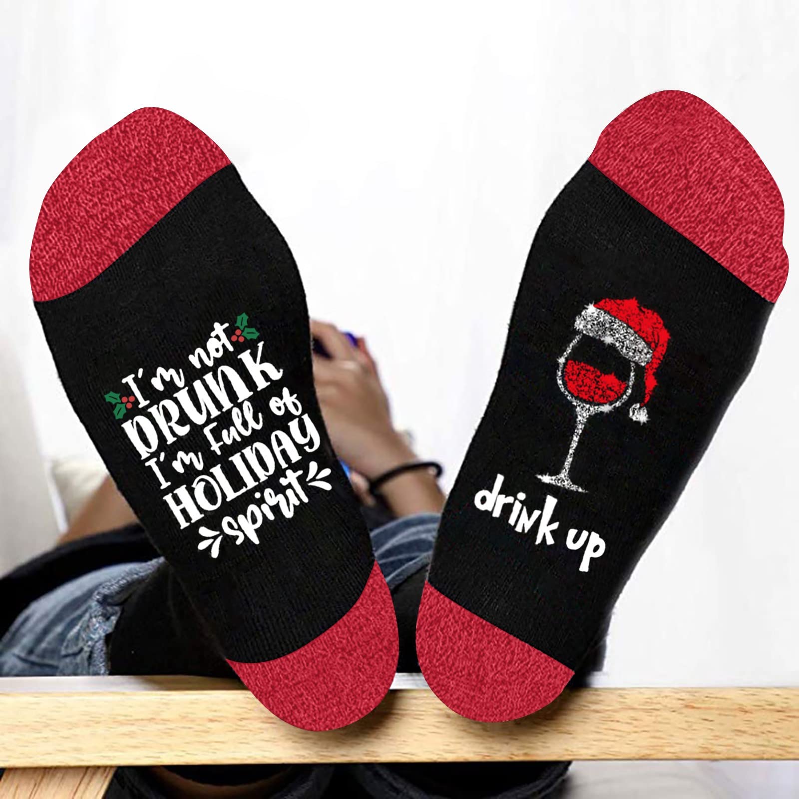 **Women's Non-Slip Christmas Socks - Unisex Thermal Cozy Warm Slipper Socks with Red Wine Glass Print & Color Block Design - Soft Thick Winter Socks for Home, Office & Holiday Gifts (One Size, Lime Green)**