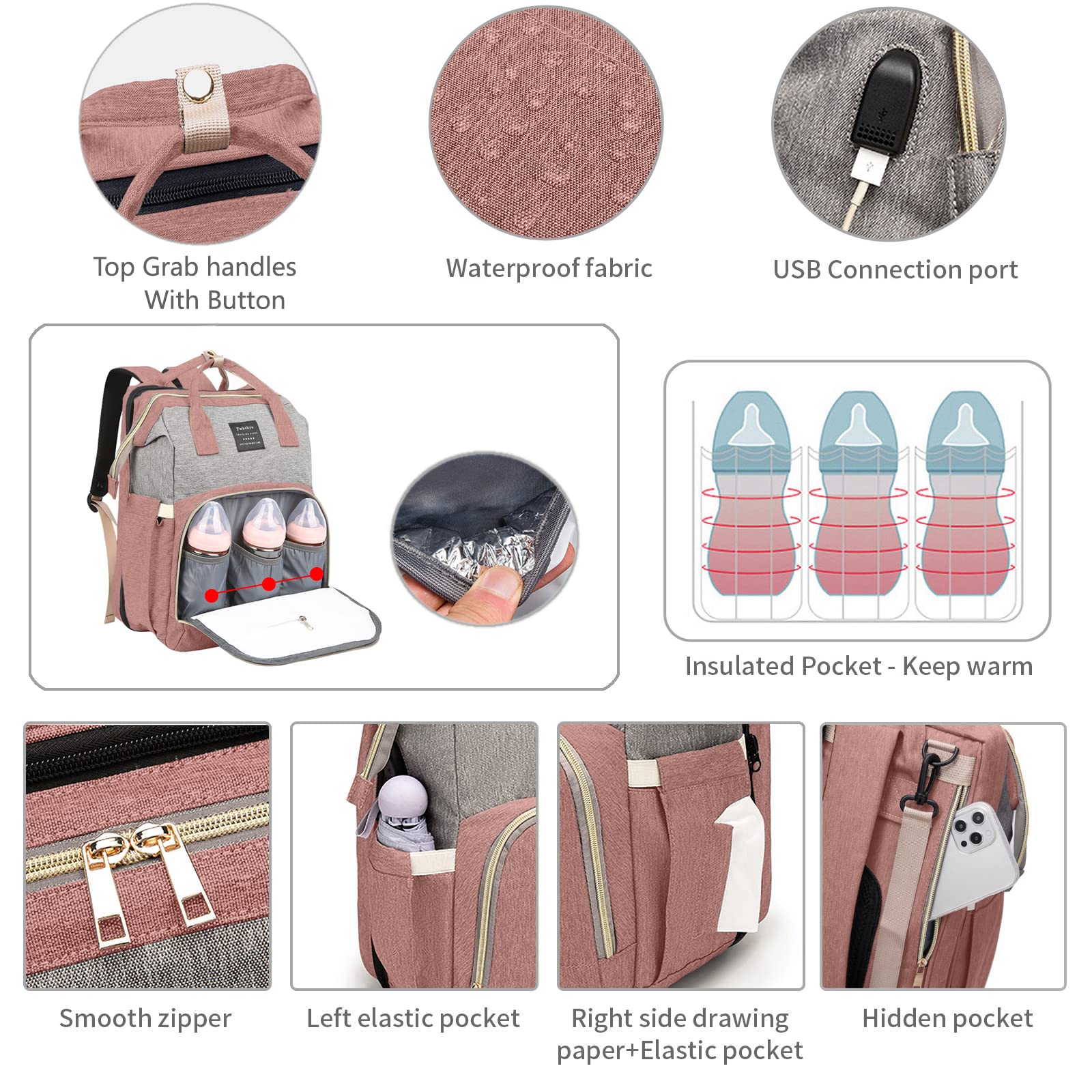 **Baby Diaper Backpack with Changing Station & USB Port - Large Capacity Travel Diaper Bag for Boys & Girls - Perfect Baby Shower Gift & Registry Essential for New Moms (Pink)**    *(Ideal for Travel, Daycare, Park Outings & Hospital Visits)*