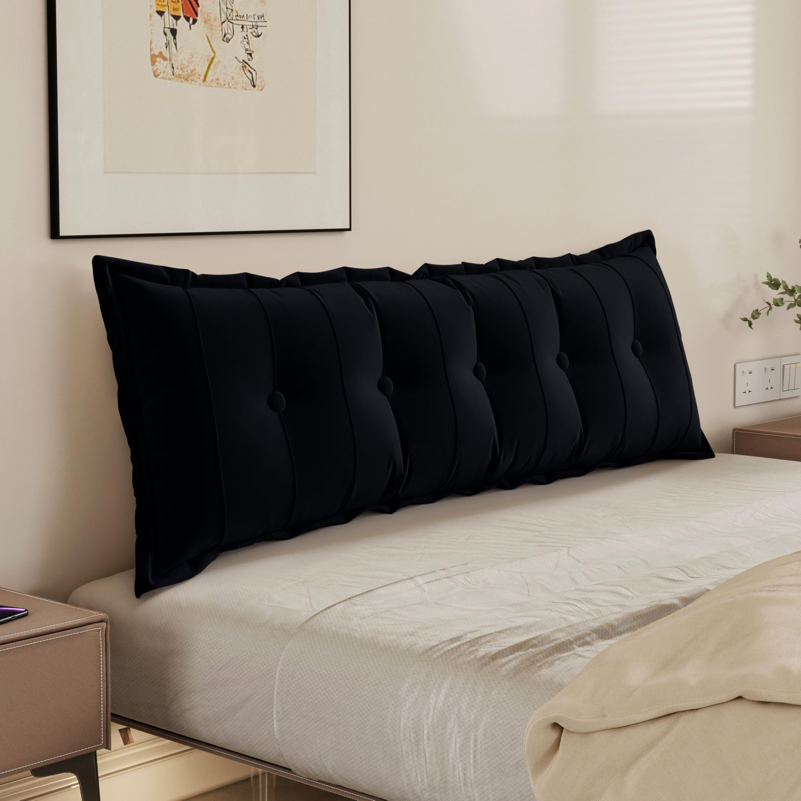 WOWMAX Velvet Queen Size Rectangular Headboard Pillow - 100% Cotton Back Support Bolster for Sitting in Bed, Reading & Daybed Use - Black
