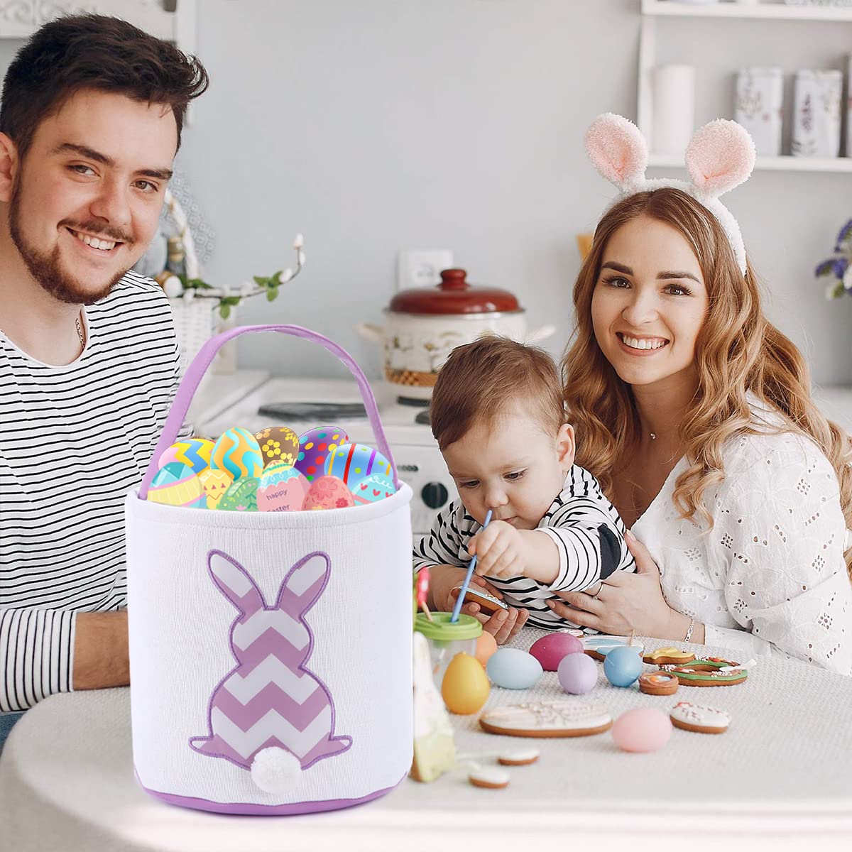 Easter Bunny Basket Bags for Kids - Striped Rabbit Pattern Cotton Canvas Egg Hunt Bag with Fluffy Tail - Personalized Easter Gift Basket for Candy, Eggs & Treats (Purple) - Perfect for Easter Egg Hunts, Party Favors & Spring Celebrations