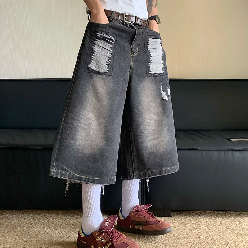 American Style Summer Loose Washed Distressed Men's Straight Leg Denim Shorts - Gradient Color Casual Pants for Outdoor Activities & Beach Wear | 24E1082