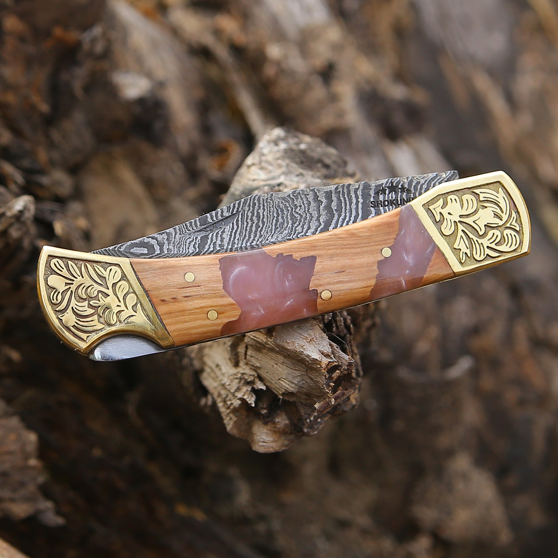 Handmade Damascus Steel Pocket Knife with Leather Sheath & Olive Wood Handle - Perfect for Camping, Hiking, EDC & Outdoor Adventures