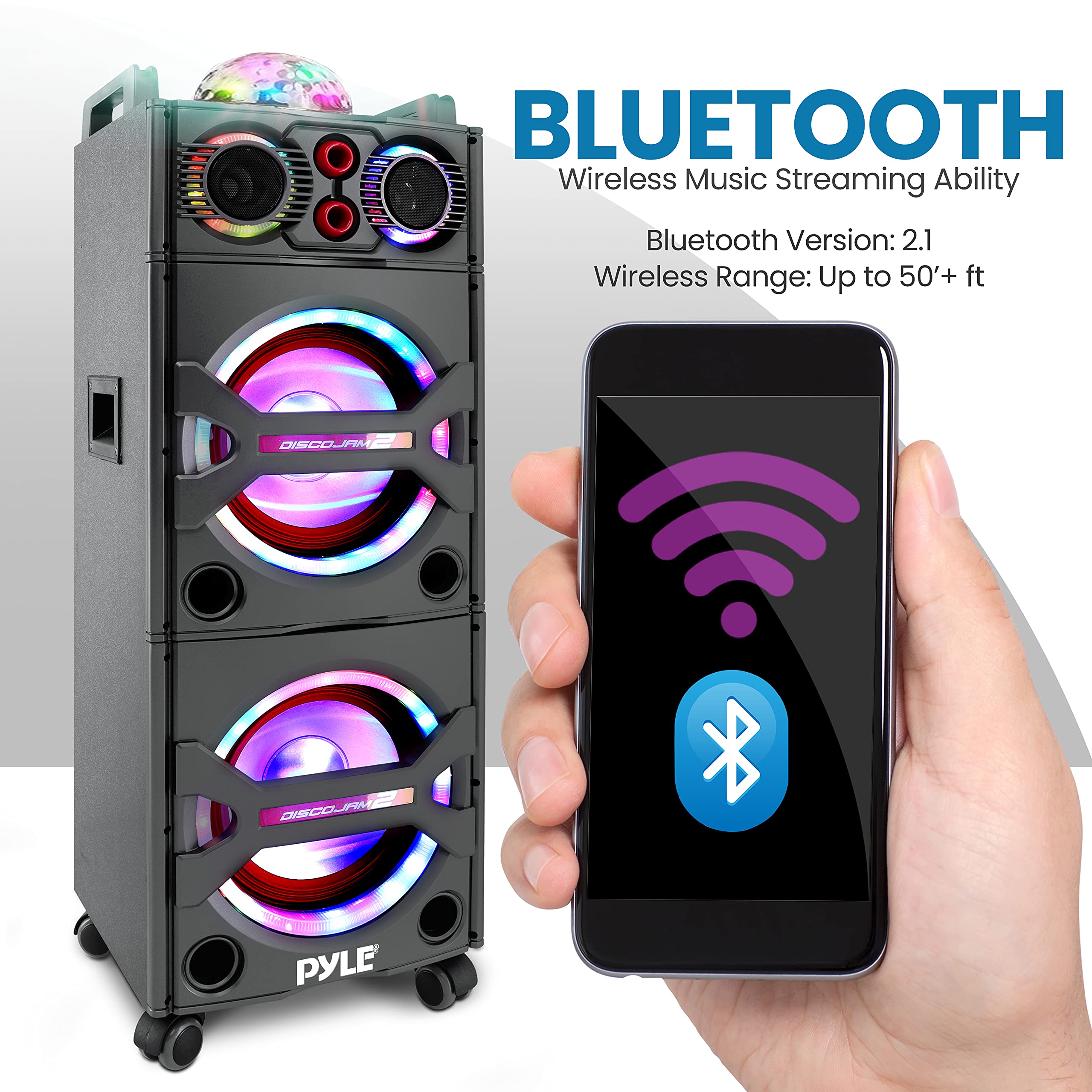 Pyle Portable Bluetooth PA Speaker System - 2000W High Power Active Outdoor Speaker with Wireless Microphone, LED Lights, USB/AUX Input, FM Radio & VHF Cordless Handheld Mic - Perfect for Parties, Outdoor Events, DJ Performances and Public Speaking
