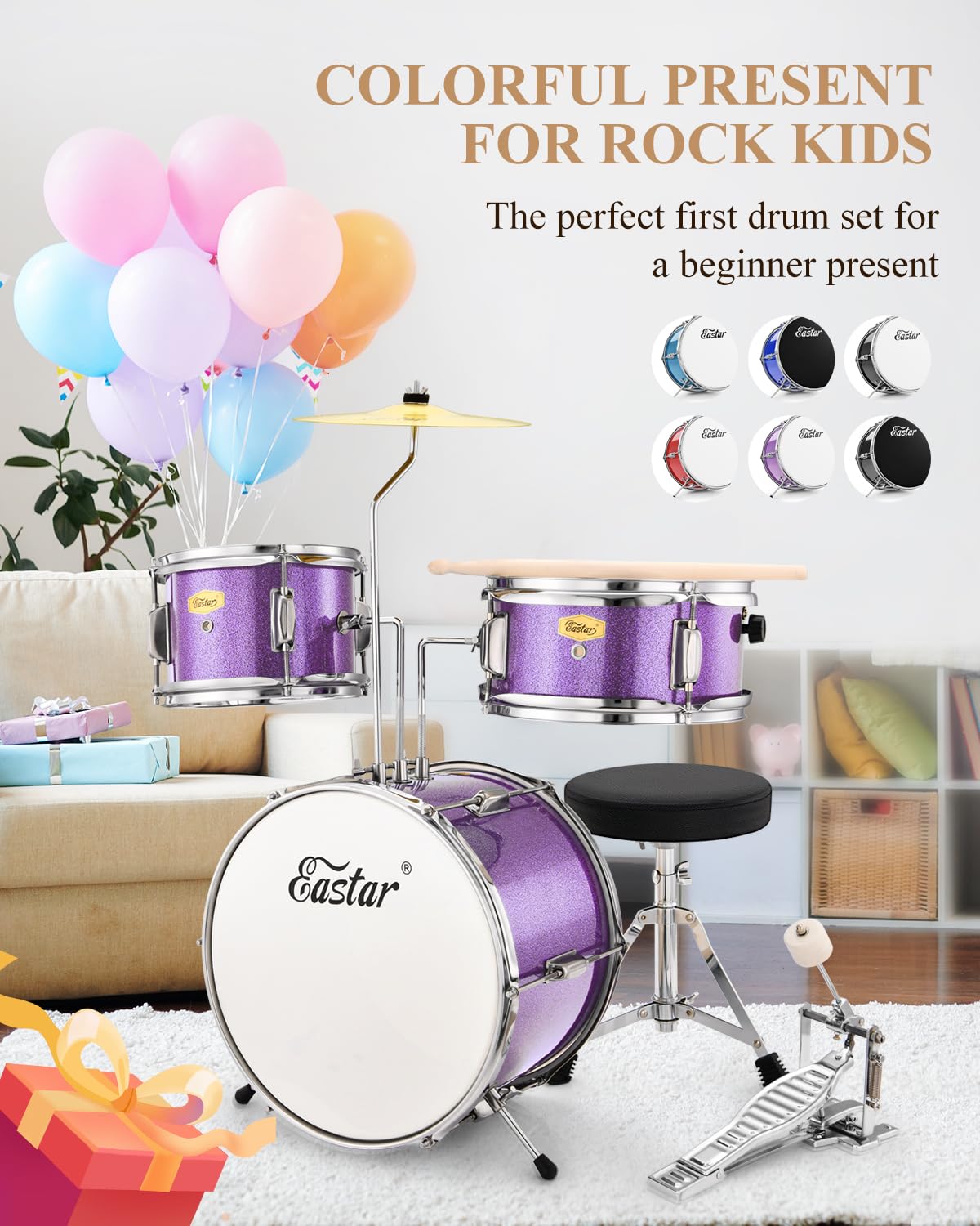 Eastar 14 Inch 3-Piece Junior Drum Set for Beginners - Complete Kit with Bass Drum, Tom, Snare, Adjustable Throne, Cymbal, Pedal & Drumsticks (Metallic Purple) - Perfect for Kids, Teens & First-Time Drummers - Home Practice, Music Lessons & Rock Band Performances