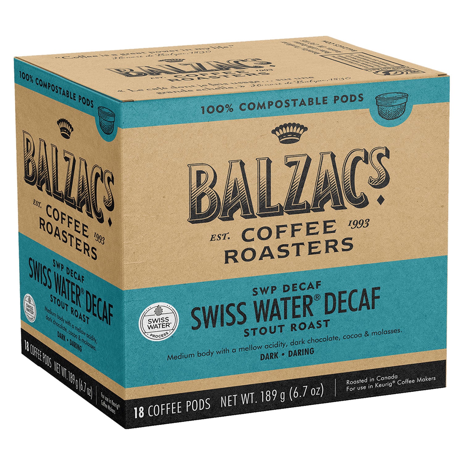 Balzac's SWP Decaf 100% Compostable Keurig® Compatible Coffee Pods - 18 Count Pack | Eco-Friendly Single Serve Coffee for Home & Office Brewing