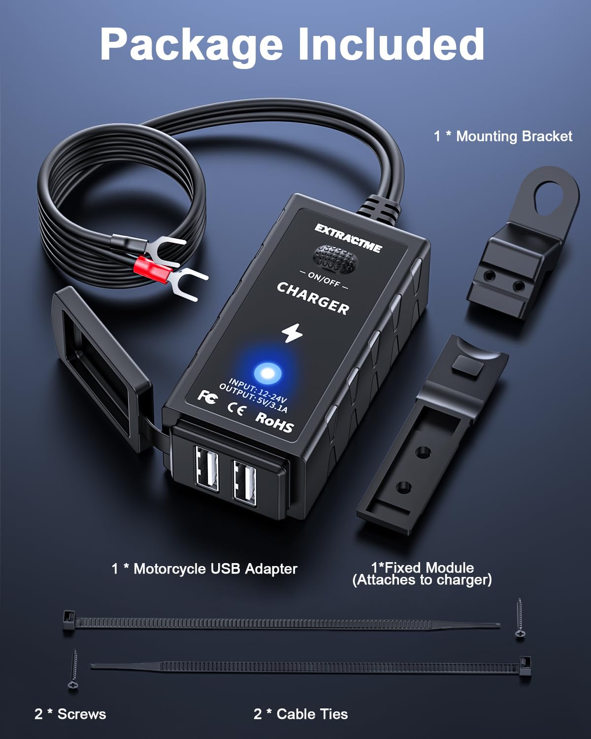 Motorcycle Phone Charger 3.1A Dual USB with Switch - Waterproof ATV Accessory for Phones & GPS