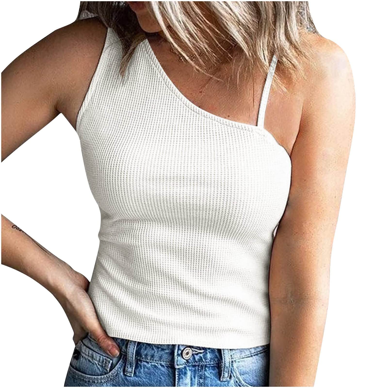 Women's Sexy One Shoulder Waffle Vest - Sleeveless Solid Color Slim Fitted Blouse for Summer | Casual Outfits, Beach Wear & Night Out Fashion