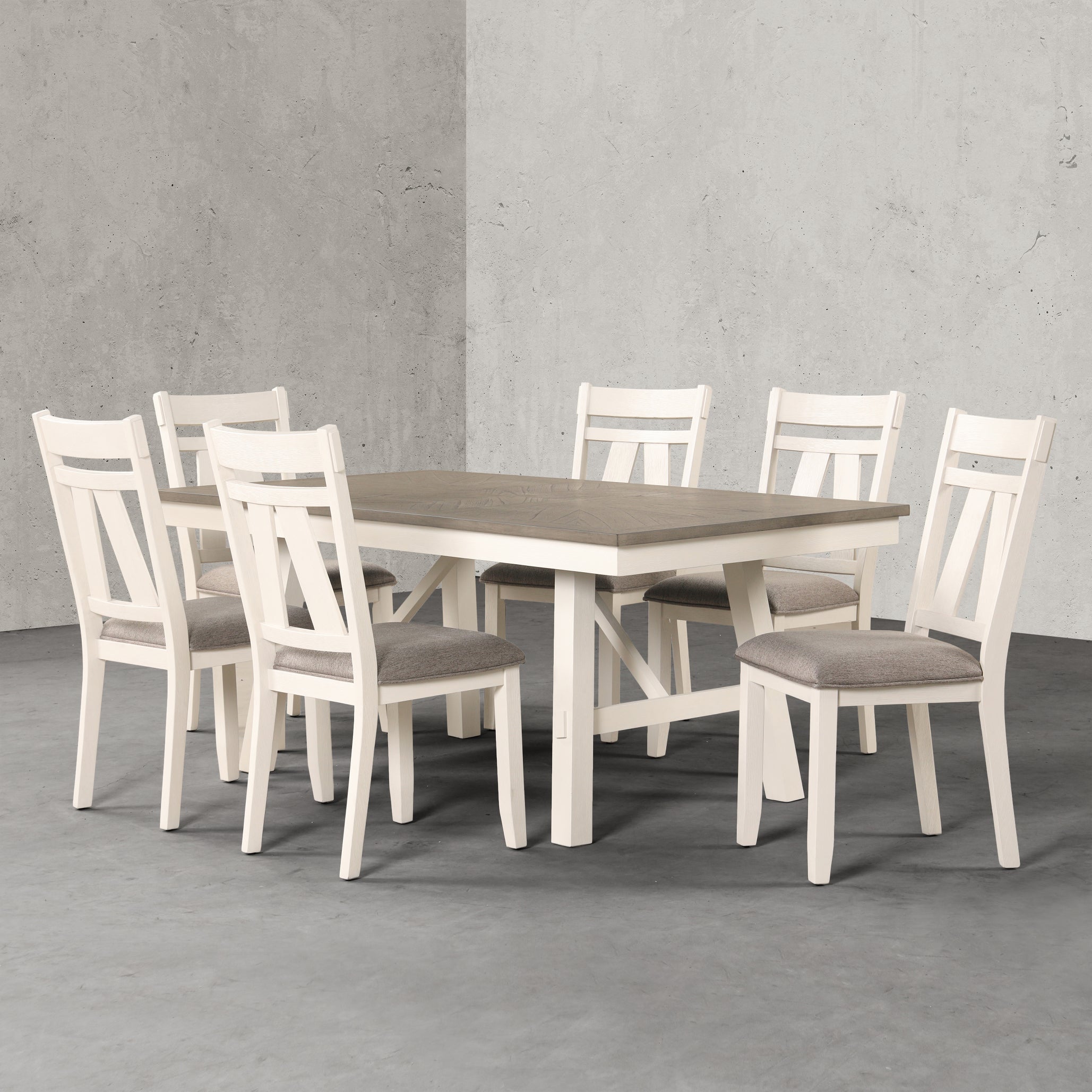Roundhill Furniture Fasena 7-Piece Dining Set - Rustic Gray Trestle Table with 6 Off-White Chairs | Farmhouse Kitchen & Dining Room Furniture for Family Gatherings