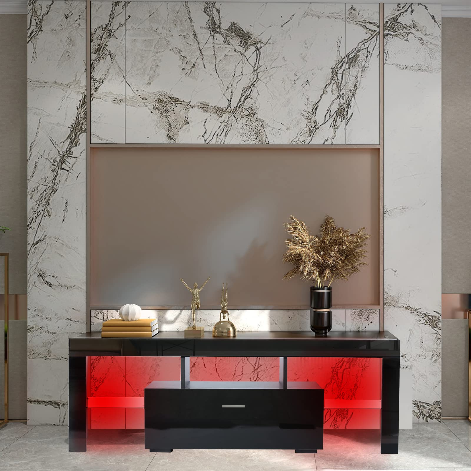 55 Inch TV Stand with LED Lights - Modern Glossy Entertainment Center with Large Storage Drawers, 16 Color RGB Lighting for Living Room & Home Theater Setup