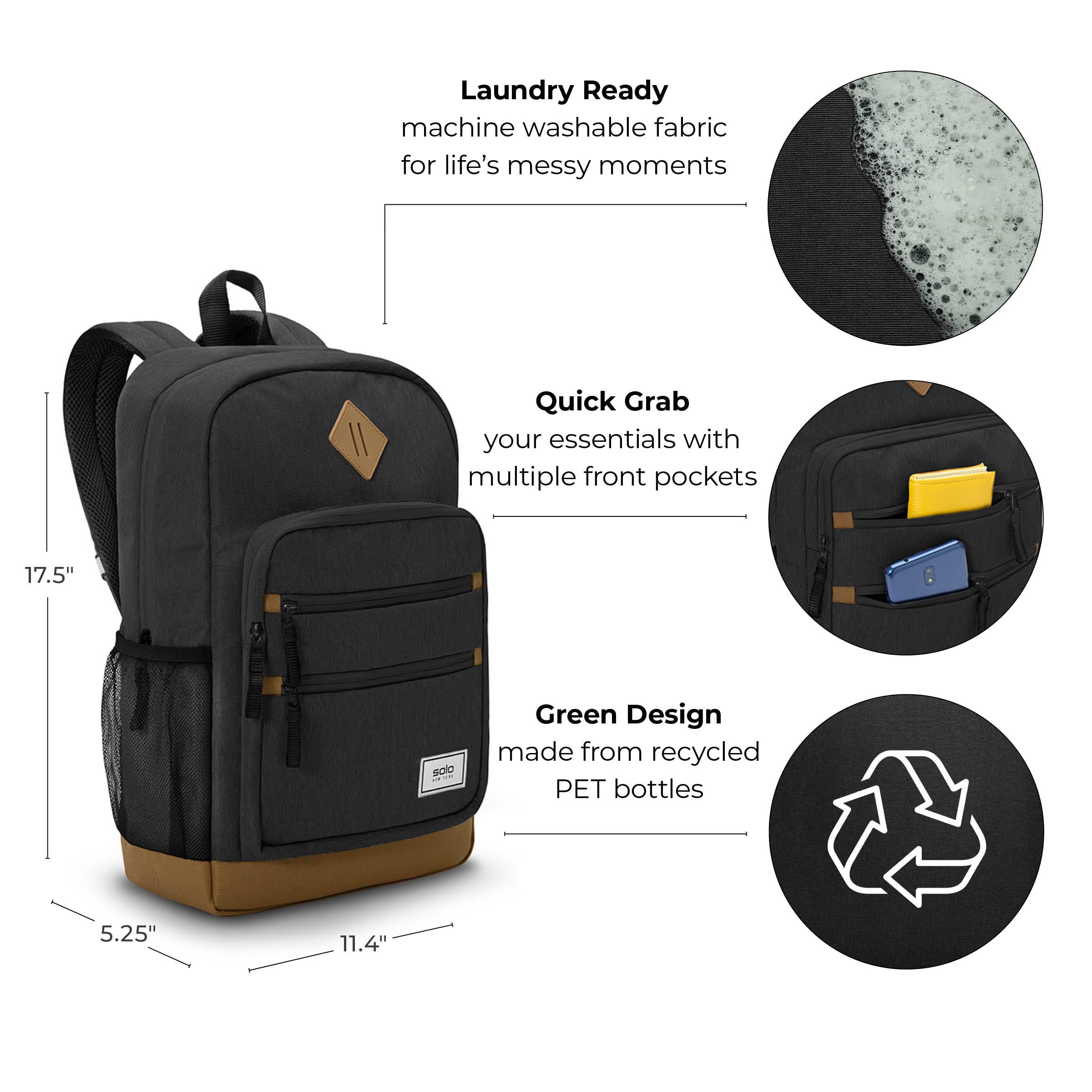 Solo New York Re:Fresh Machine Washable Backpack - Water-Resistant Laptop Backpack for Men & Women, Fits 15.6 Inch Laptop (Black) - Perfect for Work, School, Travel & Commuting