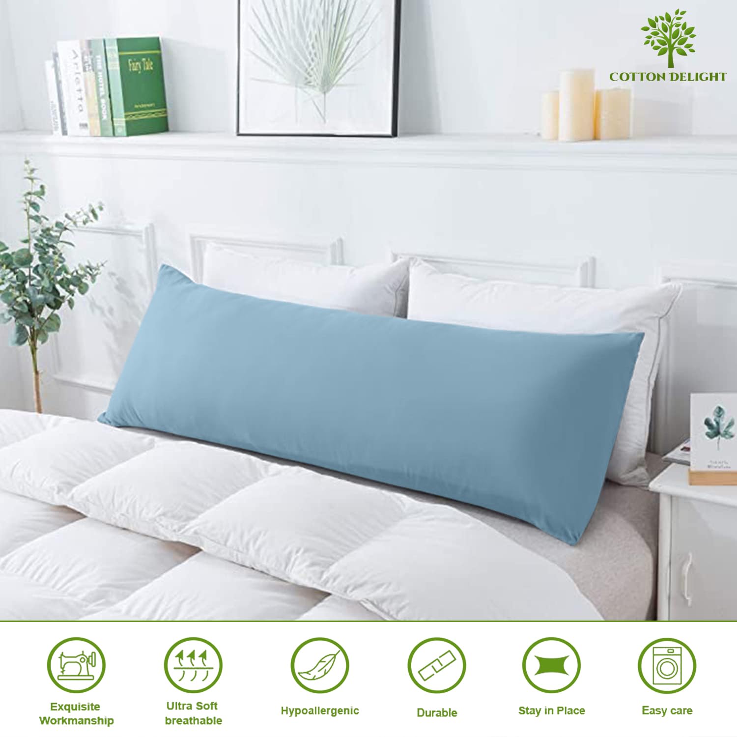 Premium 100% Natural Cotton Body Pillow Cover 20x54 Inch - Soft 600 Thread Count with Zipper Closure - Light Blue Pillowcase for Comfort & Support - Perfect for Pregnancy, Back Pain Relief & Lounging