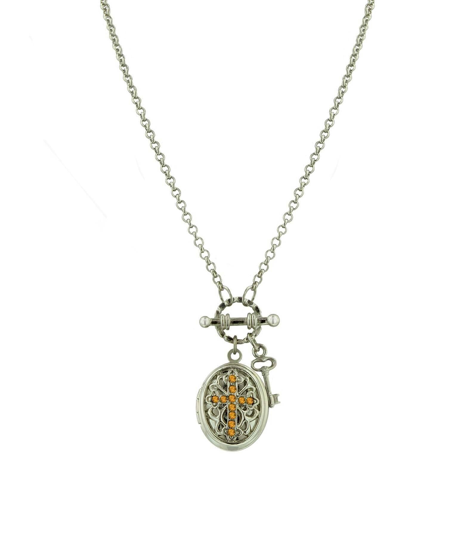 1928 Birthstone Cross Locket Necklace - Personalized Sterling Silver Pendant with 24