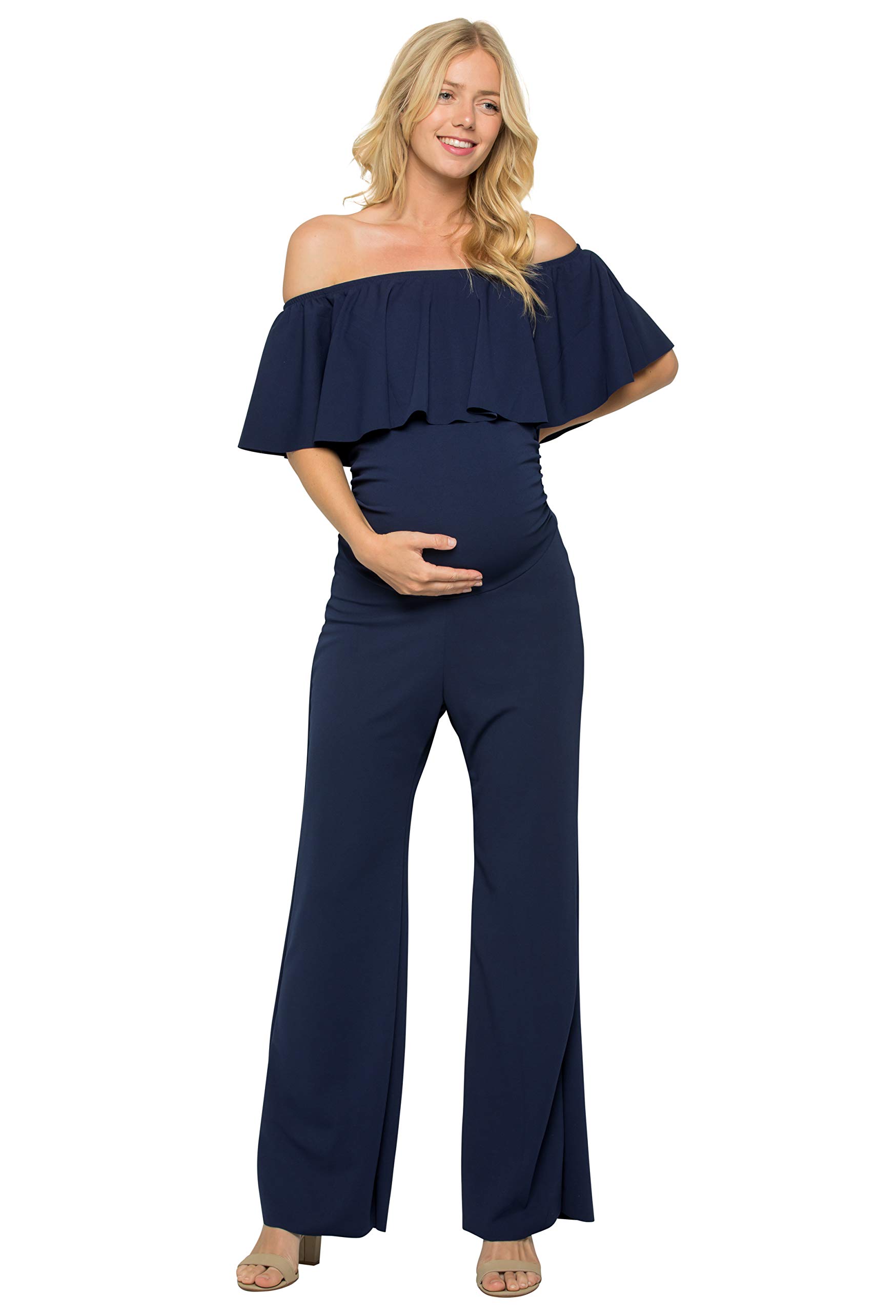 My Bump Maternity Ruffle Off Shoulder Jumpsuit - Made in USA | Comfortable Pregnancy Outfit for Baby Shower, Maternity Photos & Special Occasions