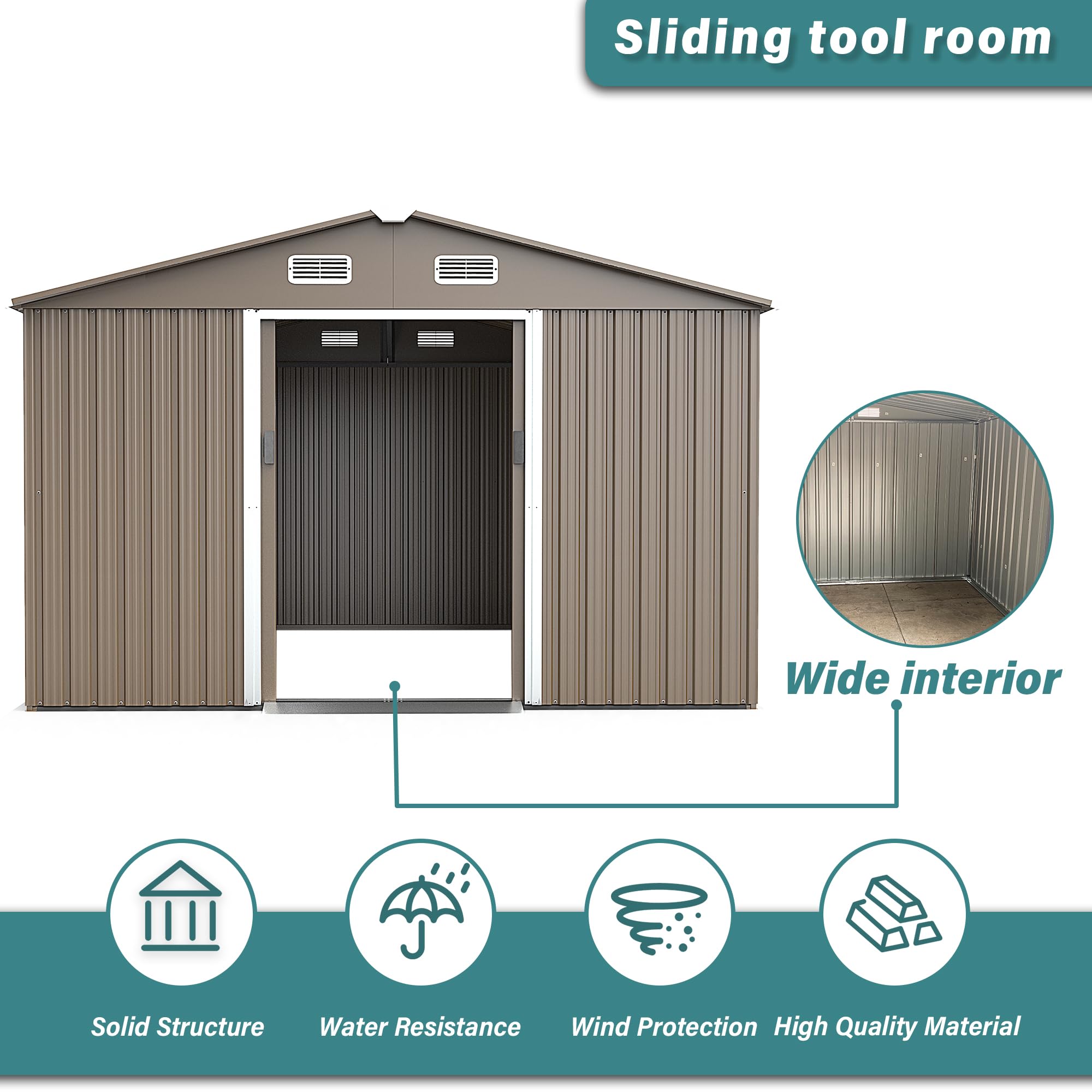10FT x 8FT Metal Storage Shed with Lockable Sliding Doors & Air Vent - Outdoor Garden Shed for Backyard, Patio, Lawn - Perfect for Tiny House Utility, Tool Storage & Outdoor Equipment Organization