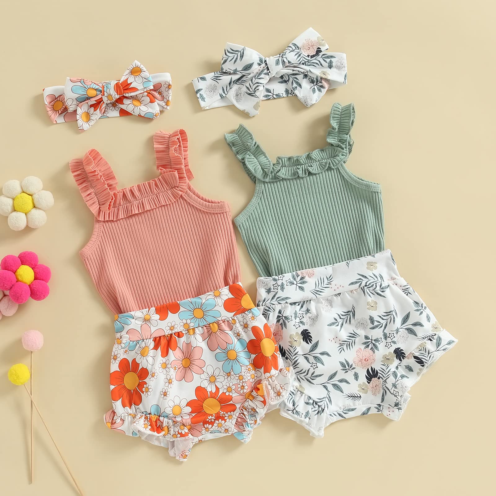 Adorable Newborn Baby Girl Summer Outfit Set - Sleeveless Floral Top & Ribbed Shorts Boho Style | Perfect for Beach, Photo Shoots & Casual Wear