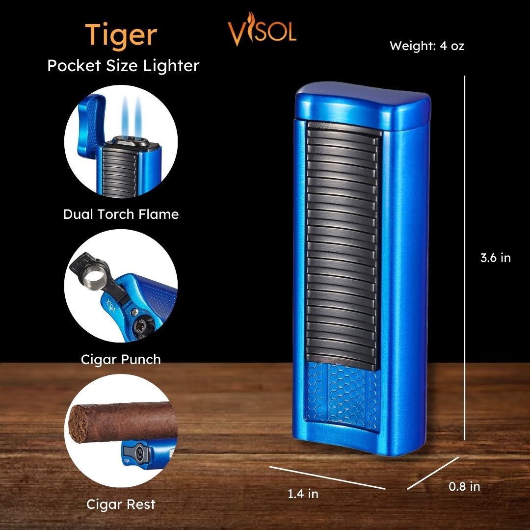 Visol Tiger Double Flame Cigar Lighter - Refillable Butane Torch Lighter with Adjustable Flame (Blue) - Perfect for Cigars, Cigarettes, BBQ, Camping & Outdoor Use