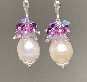 Exquisite Pearl Cluster Earrings with Pink Purple Sapphire, Labradorite, Amethyst & Opal in Sterling Silver - Perfect for Weddings, Parties & Special Occasions