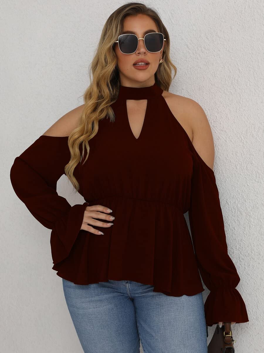 TINMIIR Women's Plus Size Keyhole Neck Cut Out Flounce Sleeve Peplum Blouse - Burgundy XX-Large | Casual Office Wear & Party Outfit