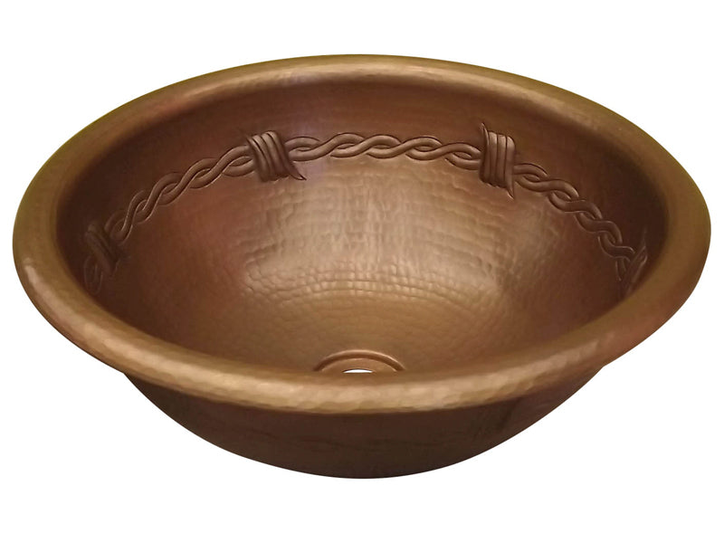 Handmade Round Hammered Copper Sink with Barbwire Design - Farmhouse & Rustic Bathroom Vanity Sink for Kitchen, Bathroom, or Outdoor Use