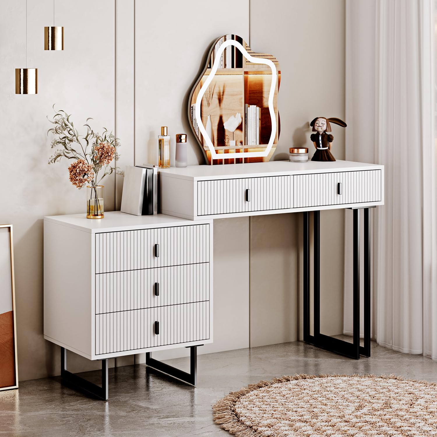 Modern White Vanity Desk with Mirror & Lights - 5 Drawers for Bedroom Makeup
