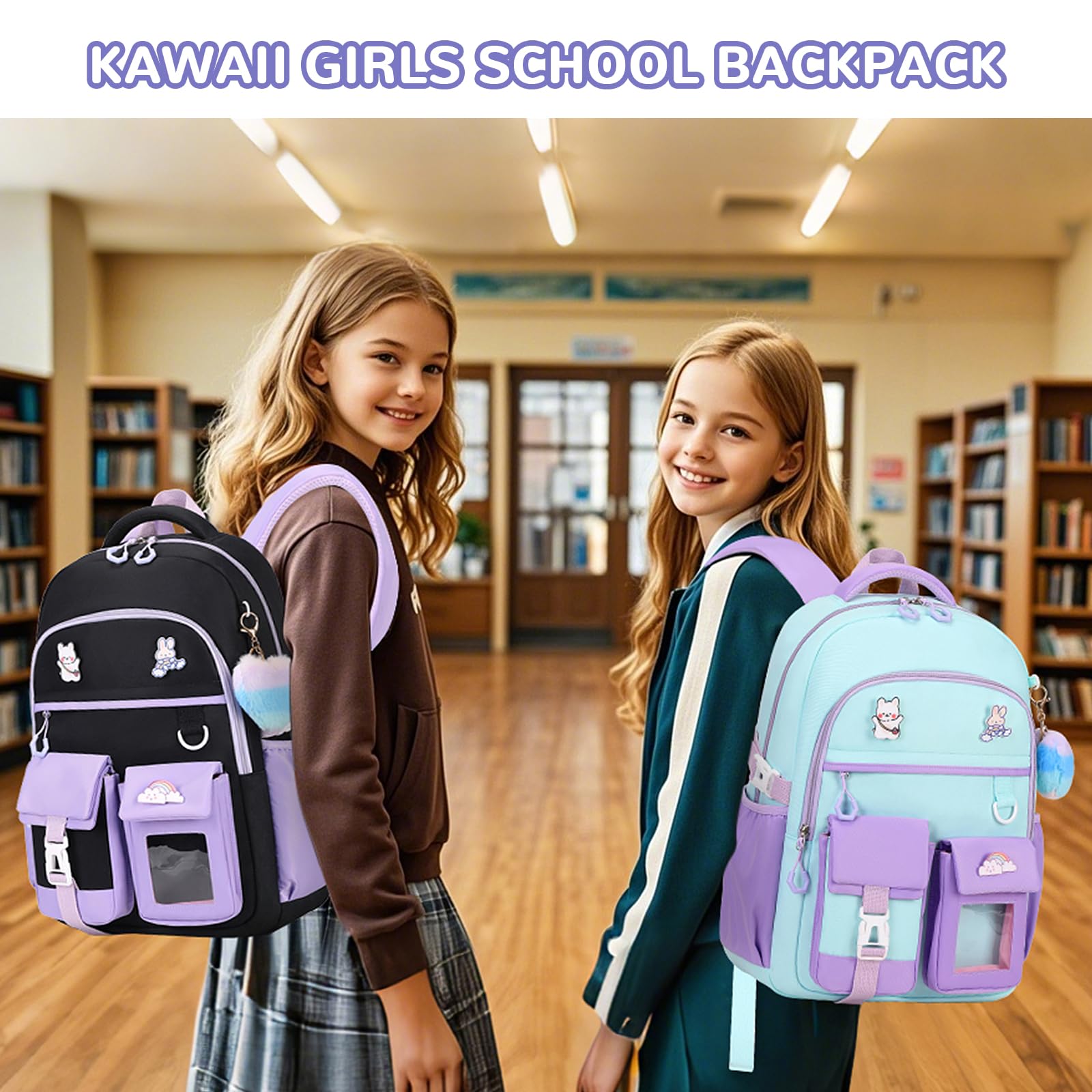 Cute Girls Backpack for School - Water Resistant Kids Bookbag with Multiple Pockets for Elementary Students Ages 6-14, Black & Purple - Perfect for Daily School Use, Travel & Outdoor Activities