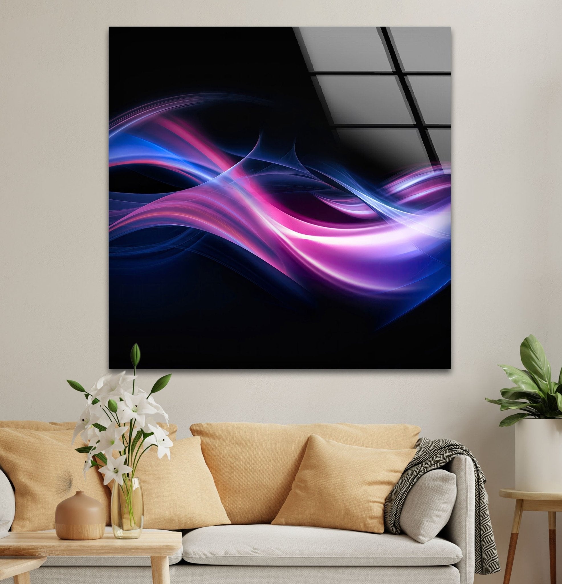 Abstract Purple Line Glass Wall Art - Modern Home Decor for Living Room, Bedroom & Office - Elegant Handmade Glass Painting for Unique Interior Design