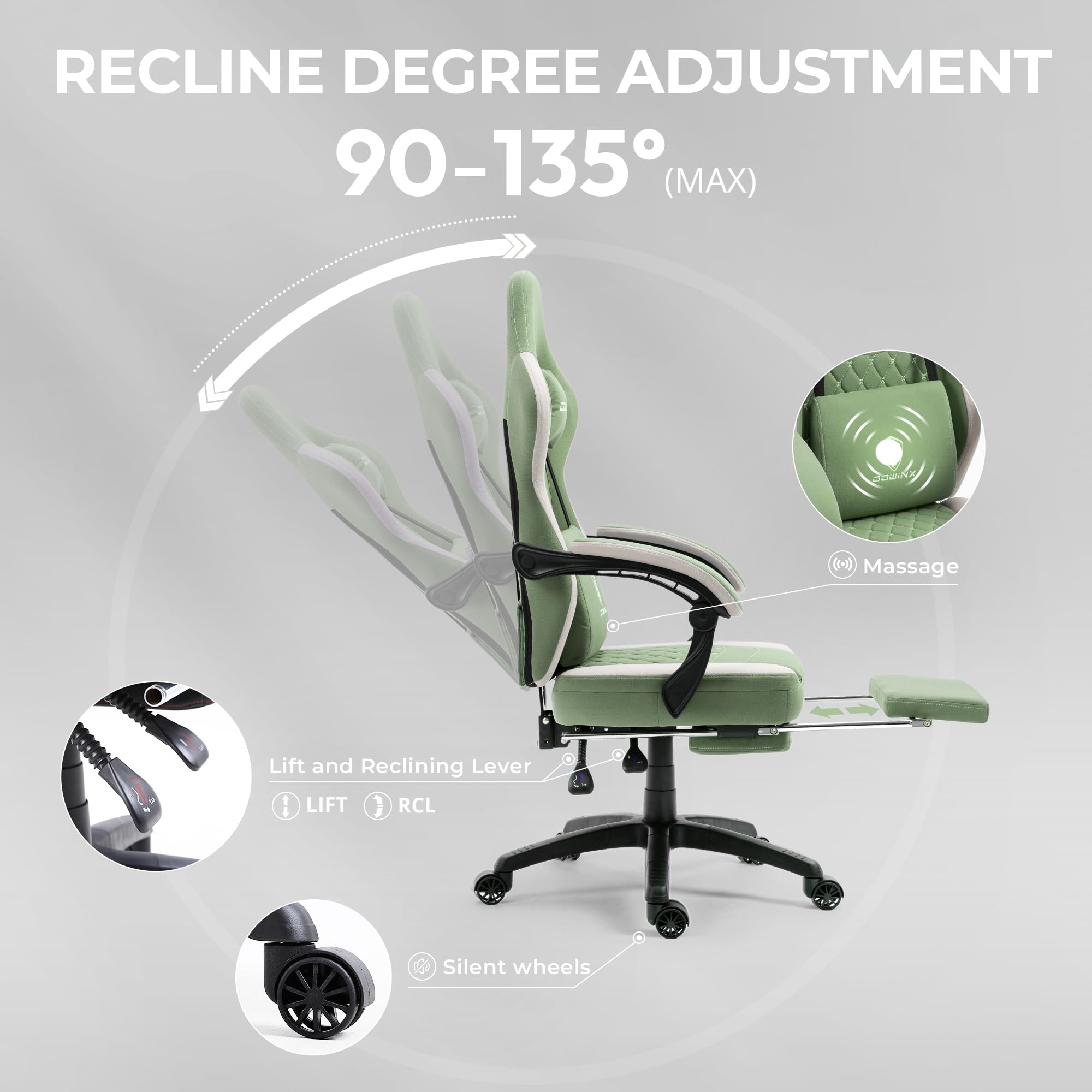Dowinx Ergonomic Gaming Chair with Breathable Fabric & Pocket Spring Cushion - Comfortable Office Chair with Gel Pad, Storage Bag & Footrest - Green - Perfect for PC Gaming, Home Office & Esports