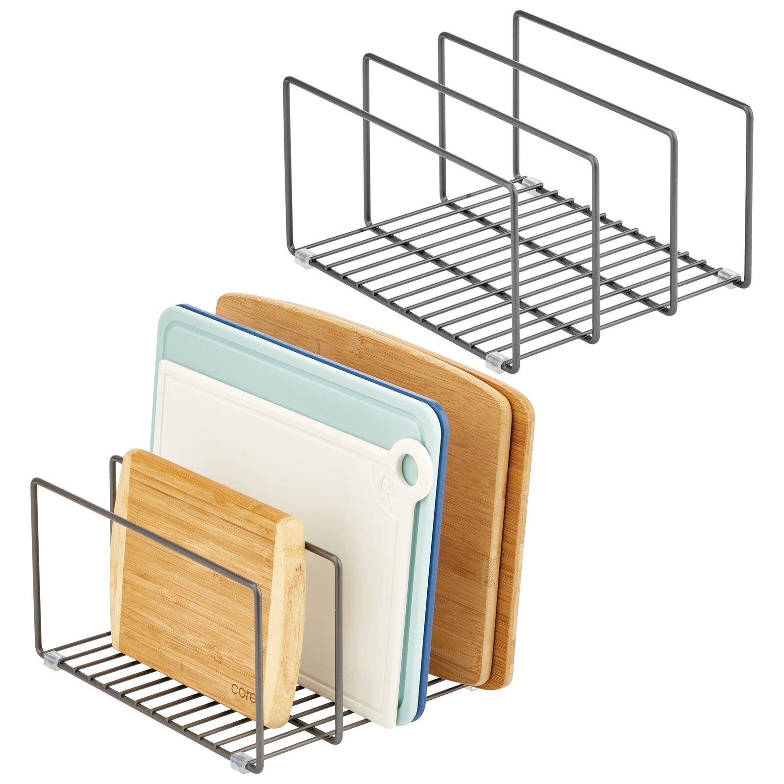 mDesign Steel Cookware Storage Organizer Rack - 3-Tier Kitchen Cabinet Organizer for Pots, Pans, Lids, Baking Sheets & Bakeware | Concerto Collection, 2-Pack, Dark Gray | Perfect for Pantry, Cabinet & Kitchen Organization